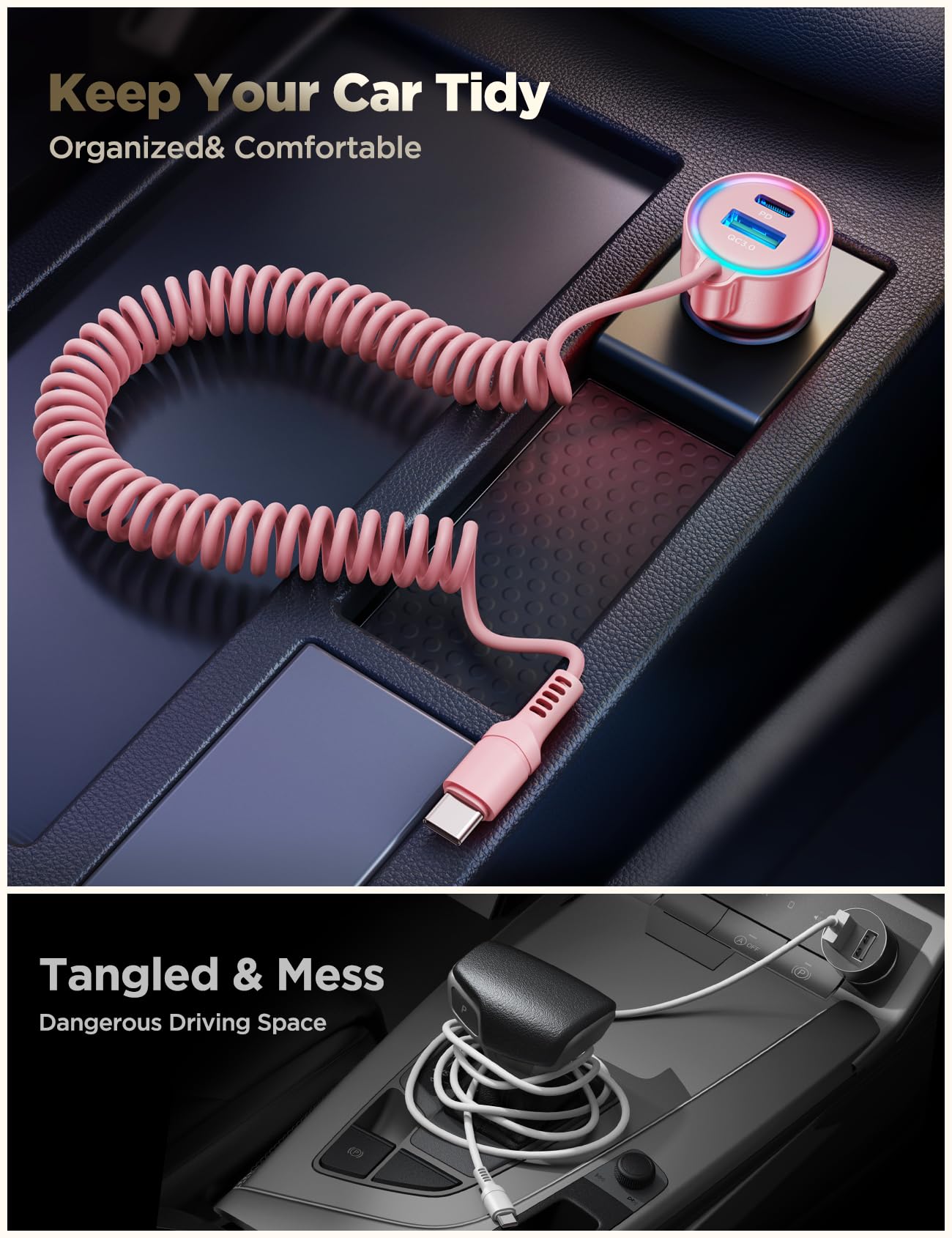 60W USB C Car Charger with PD & QC3.0 Fast Charging - Includes 5ft 30W Type C Coiled Cable - Compatible with iPhone 15 Pro Max/Plus, Samsung Galaxy S24/S23/S22, Google Pixel, Moto, LG & Android Devices - Perfect for Road Trips & Daily Commutes