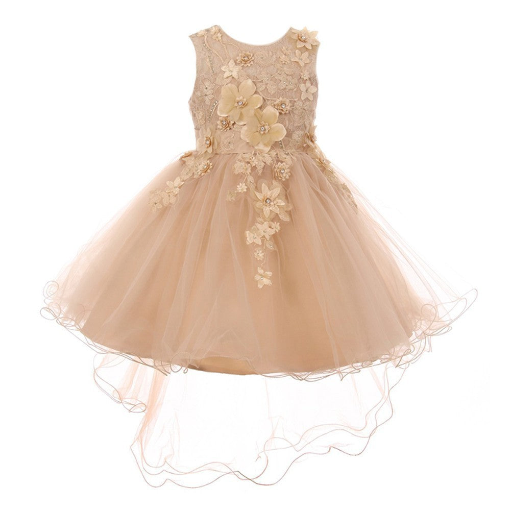 Big Girls Taupe 3D Floral Appliques Hi-Low Tulle Junior Bridesmaid Dress Size 8-12 | Formal Occasions, Wedding Party, Prom, Special Events