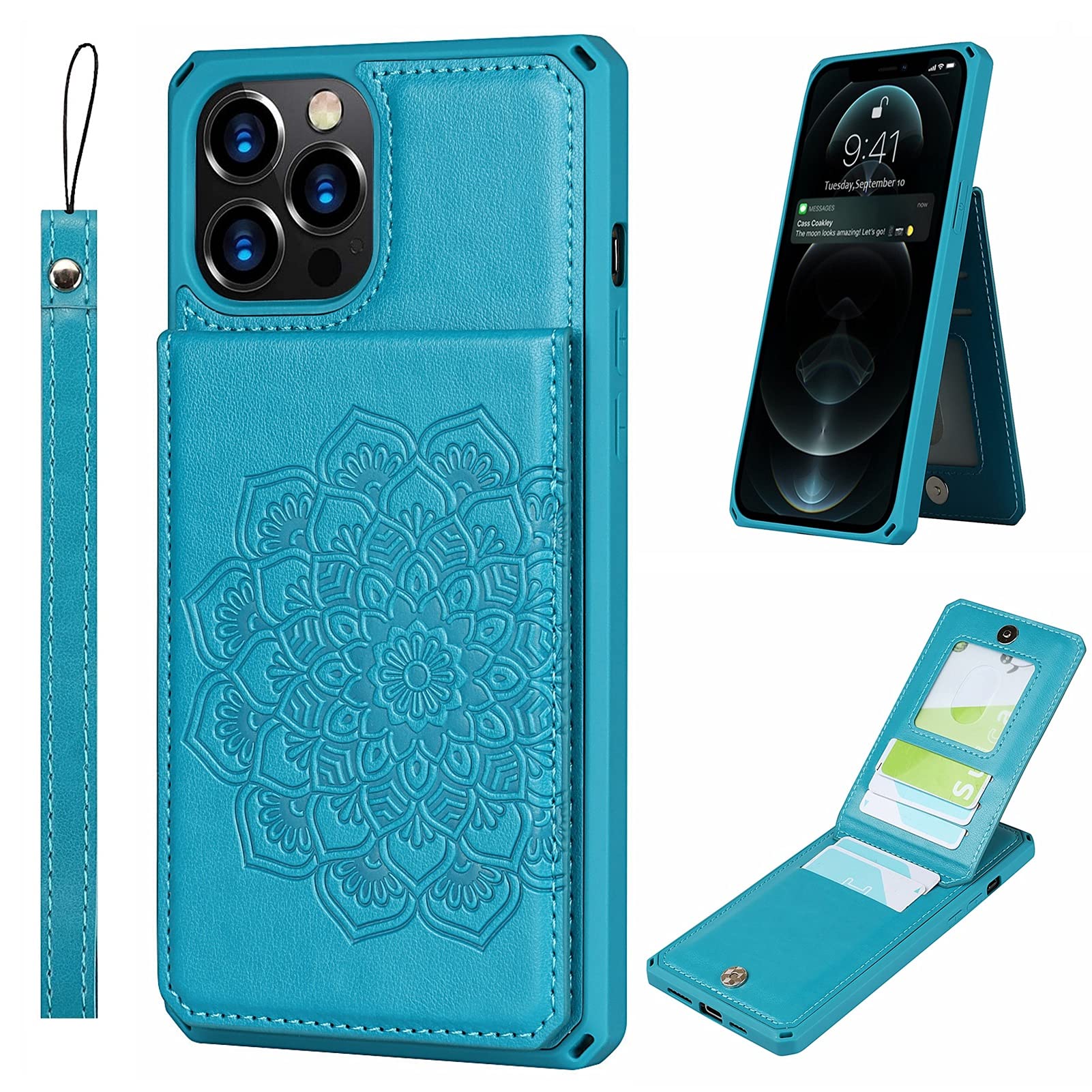 Jaorty RFID Blocking Wallet Case for iPhone 12 Pro Max (6.7 Inch) - PU Leather Magnetic Flip Cover with Card Holder, Wrist Strap & Shockproof Protection - Mandala Blue Design | Perfect for Work, Travel & Everyday Use