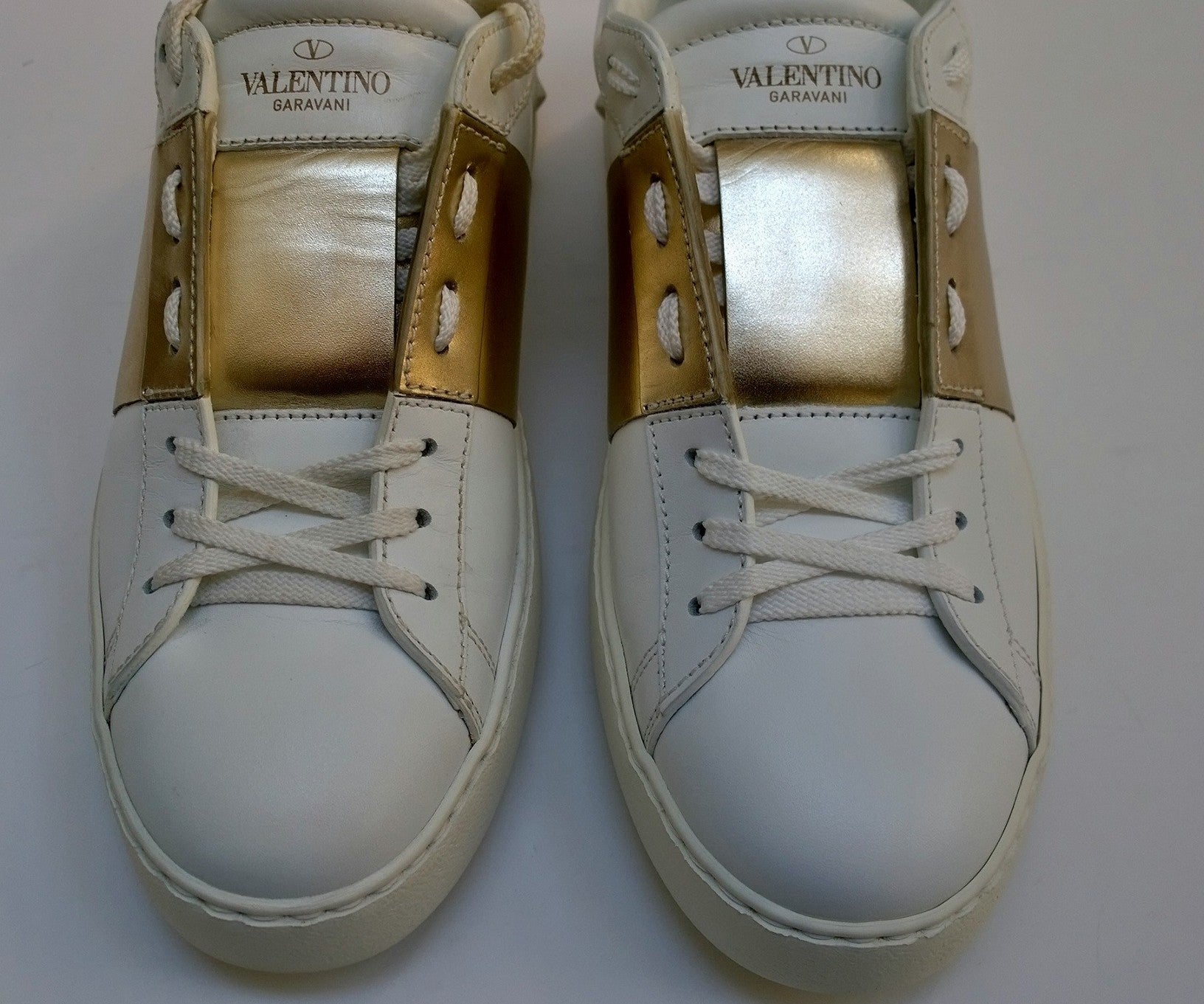 Valentino Garavani White & Gold Leather Open Sneakers - Luxury Fashion Trainers for Women | Perfect for Casual Outings, Date Nights & Street Style Looks