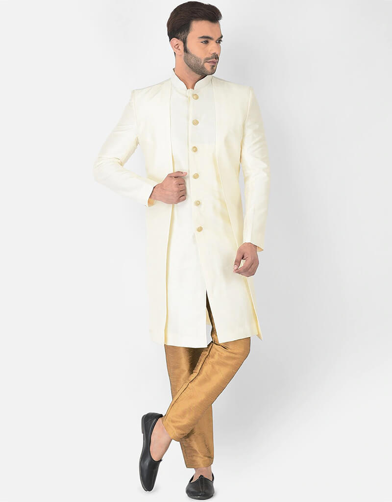 Elegant Cream Kurta with Dhupion Silk Payjama Set - Traditional Indian Ethnic Wear for Men - Perfect for Weddings, Festivals & Special Occasions