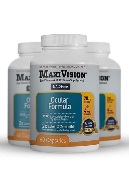 MaxiVision MedOp Ocular Formula - NAC-Free Eye Health Supplement with Lutein & Zeaxanthin - 60 Capsules per Bottle (3-Pack) - Supports Vision Clarity & Eye Comfort for Computer Users & Gamers