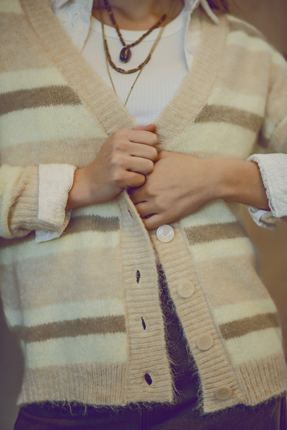 Soft Striped Beige Cardigan Sweater for Women - Cozy Knit Pullover for Fall & Winter - Perfect for Casual Outfits, Office Wear, and Lounging at Home