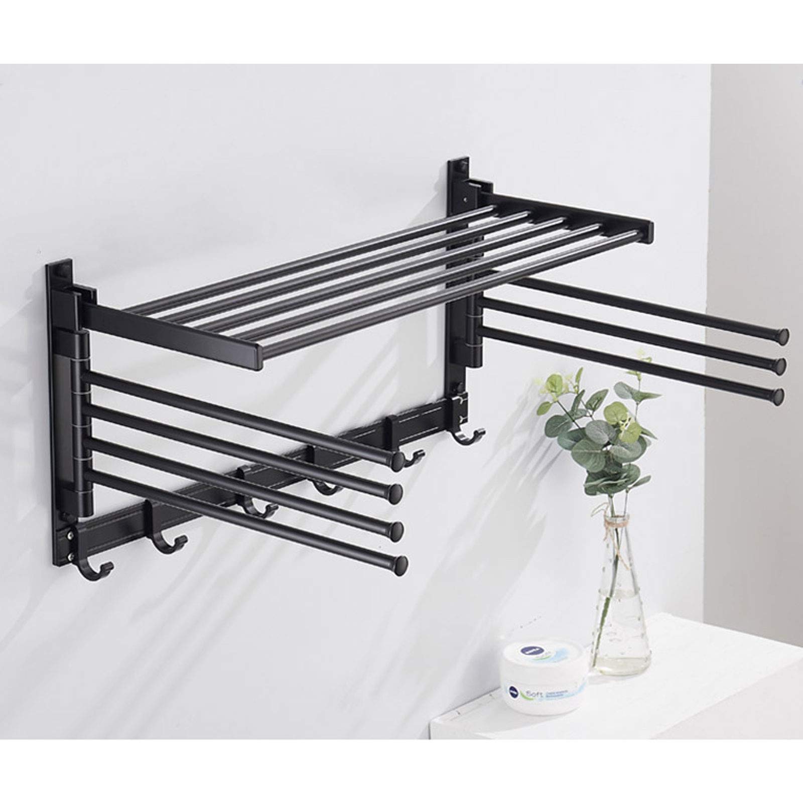 KLZUOPT Wall Mounted Bathroom Shelves - 7-Arm Towel Rack with Hooks, No Drill Adhesive Towel Holder & Storage Organizer for Bathroom, Kitchen, Laundry Room - Space Saving Home Organization Solution