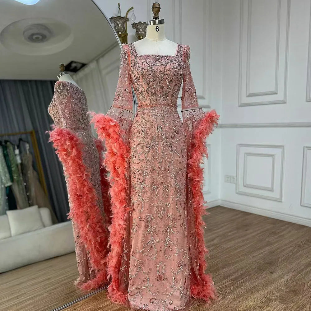 Luxury Dubai Flared Sleeves Mermaid Evening Gown with Turquoise Beads & Feathers - Formal Dresses for Prom, Gala & Special Occasions - LA72767