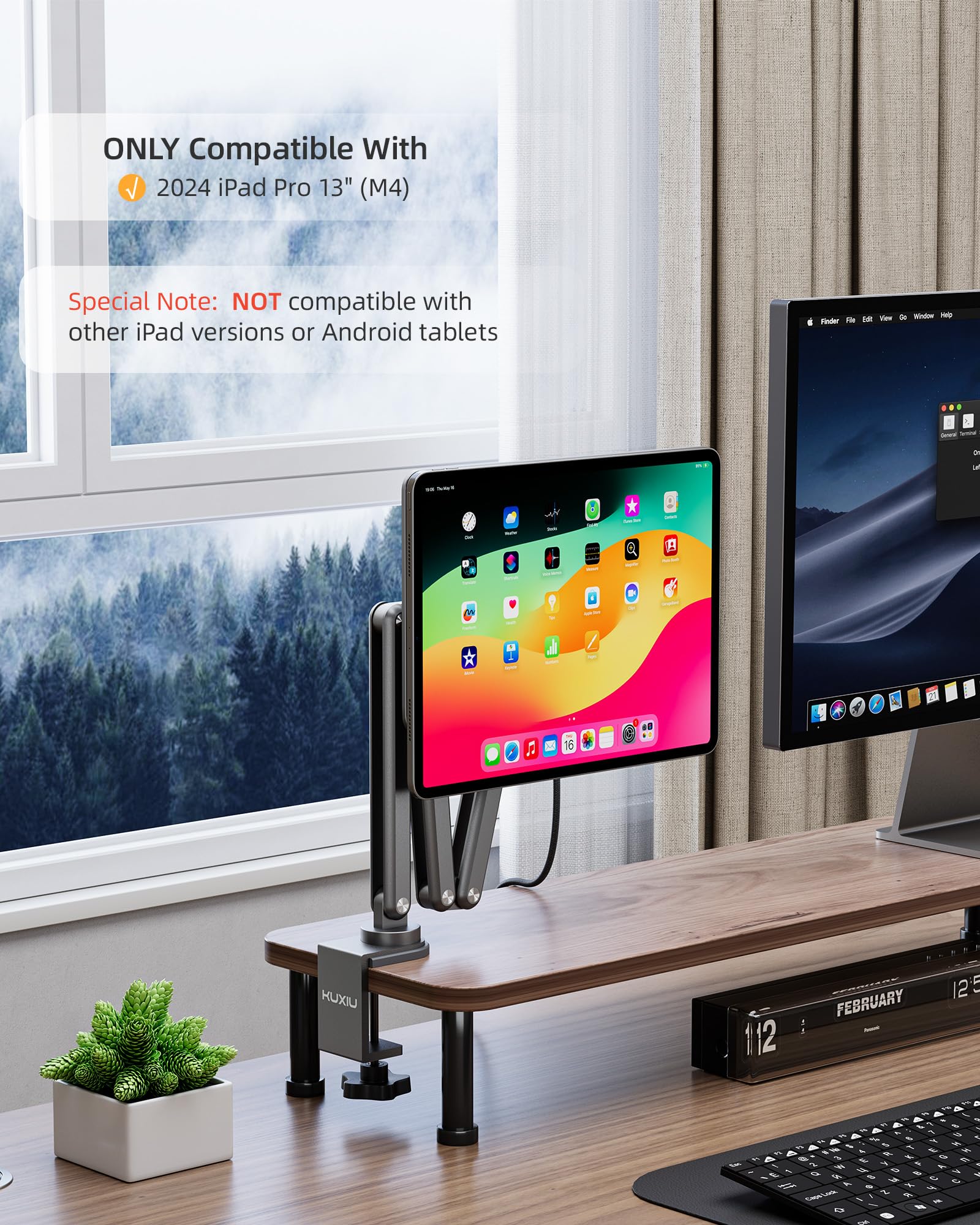 Magnetic Wireless Charging Stand for iPad Pro 13 M4 (2024) - 360° Adjustable Aluminum Alloy Tablet Holder with 2M USB C Cable - Foldable Desktop Stand for Work, Study & Entertainment