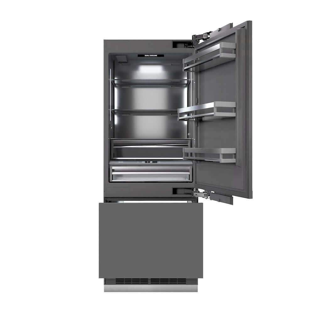 ZLINE Autograph Edition 30-Inch Built-In Bottom Freezer Refrigerator - 16.1 cu.ft Capacity, Panel Ready Design with Water Dispenser & Ice Maker, Graphite Gray Interior & Polished Gold Accents (GRBIVZ 30 G) - Perfect for Modern Kitchens, Open-Concept Homes & Luxury Condos