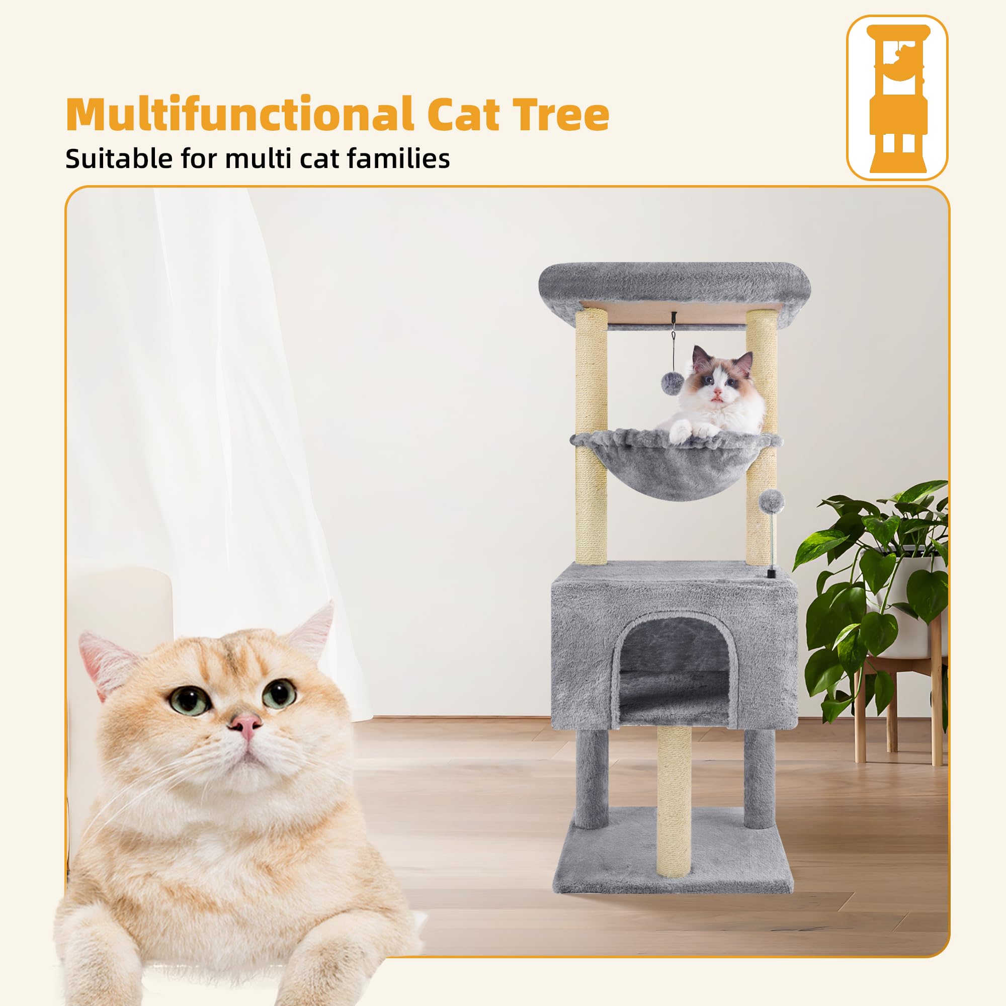 Premium Multi-Level Cat Tree for Indoor Cats - Sturdy Cat Tower with Spacious Condo, Cozy Hammock & Scratching Posts - Space-Saving Grey Climbing Activity Center for Kittens & Adult Cats - Perfect for Apartments, Living Rooms & Pet Play Areas
