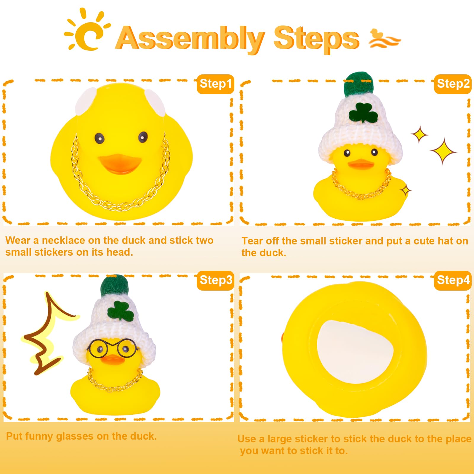 Cute Rubber Duck Car Dashboard Decoration with Mini Beanie Hat, Necklace & Sunglasses - Fun St. Patrick's Day Car Accessories for Party & Holiday Decor