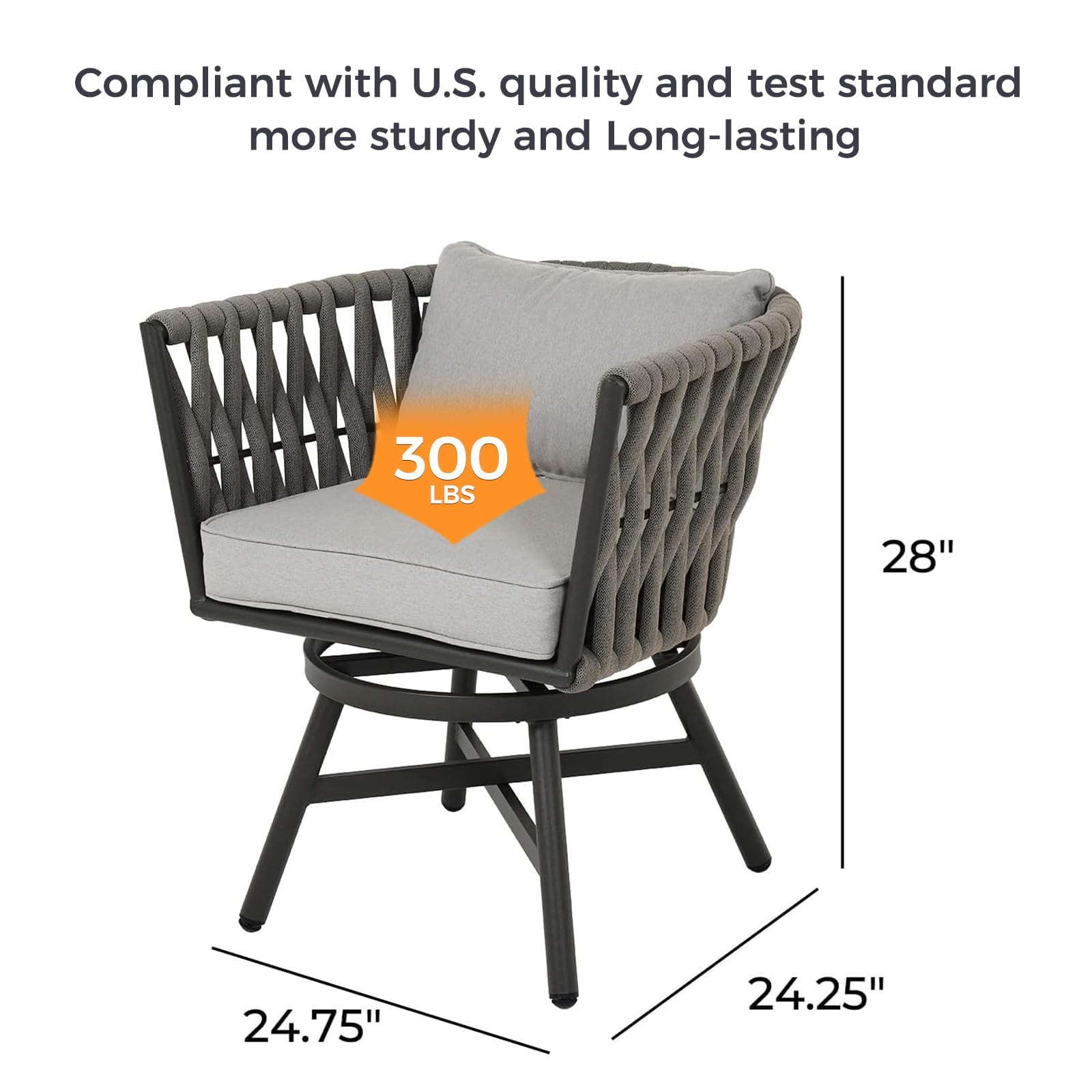7-Piece Outdoor Dining Set for 6 with Swivel Rope Wicker Chairs & Rectangular Faux Wood Table - Grey Patio Furniture for Backyard, Garden, Poolside Dining