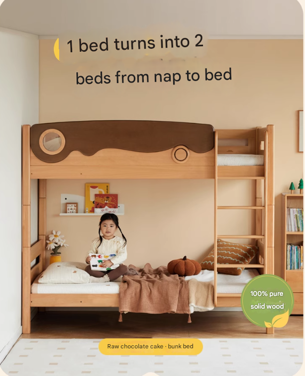 Solid Beech Wood Bunk Bed with Guardrails - Sturdy & Safe for Kids' Bedroom, Dormitory, or Guest Room