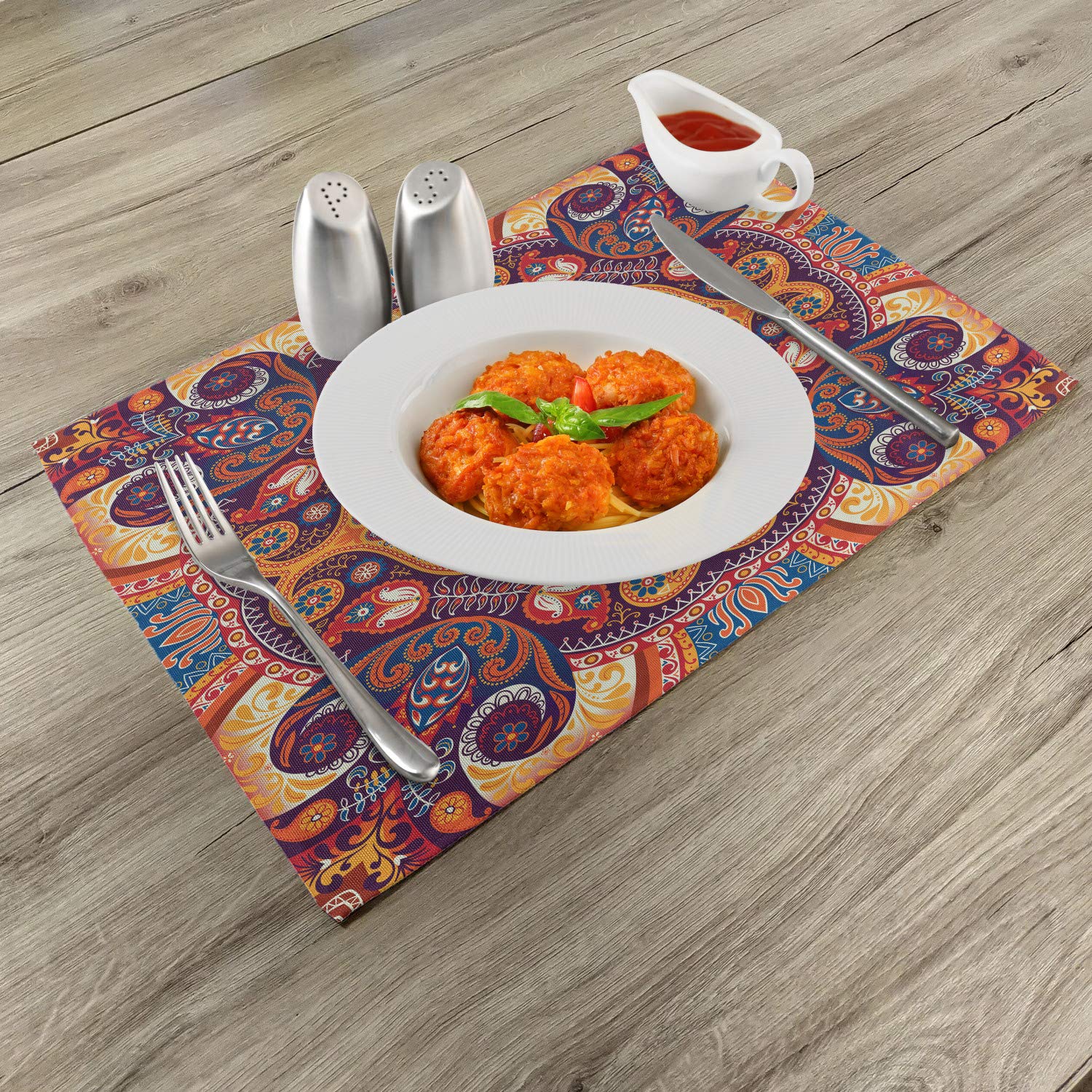 Ambesonne Paisley Placemats Set of 4 - Floral Leaf Ornamental Rug Pattern Washable Fabric Place Mats for Dining Table & Kitchen Decor - Perfect for Holiday Dinners, Parties & Everyday Use