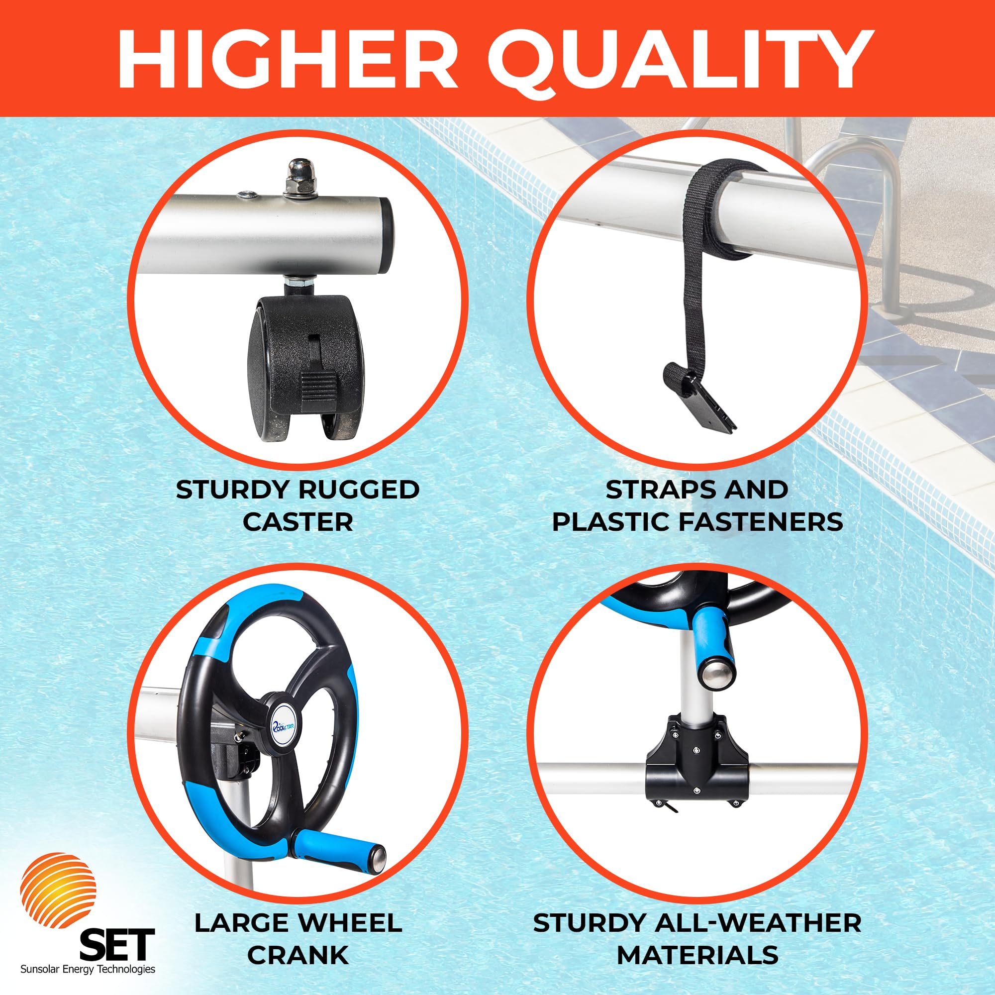 SunSolar In-Ground Pool Cover Reel Set - 3-Piece Aluminum Telescoping Pole with Spinning Reel - Heavy Duty Buckle and Straps for Secure Pool Cover Attachment - Wheeled Base for Easy Moving - 15 Feet - Perfect for Inground Pool Maintenance and Winter Cover Storage