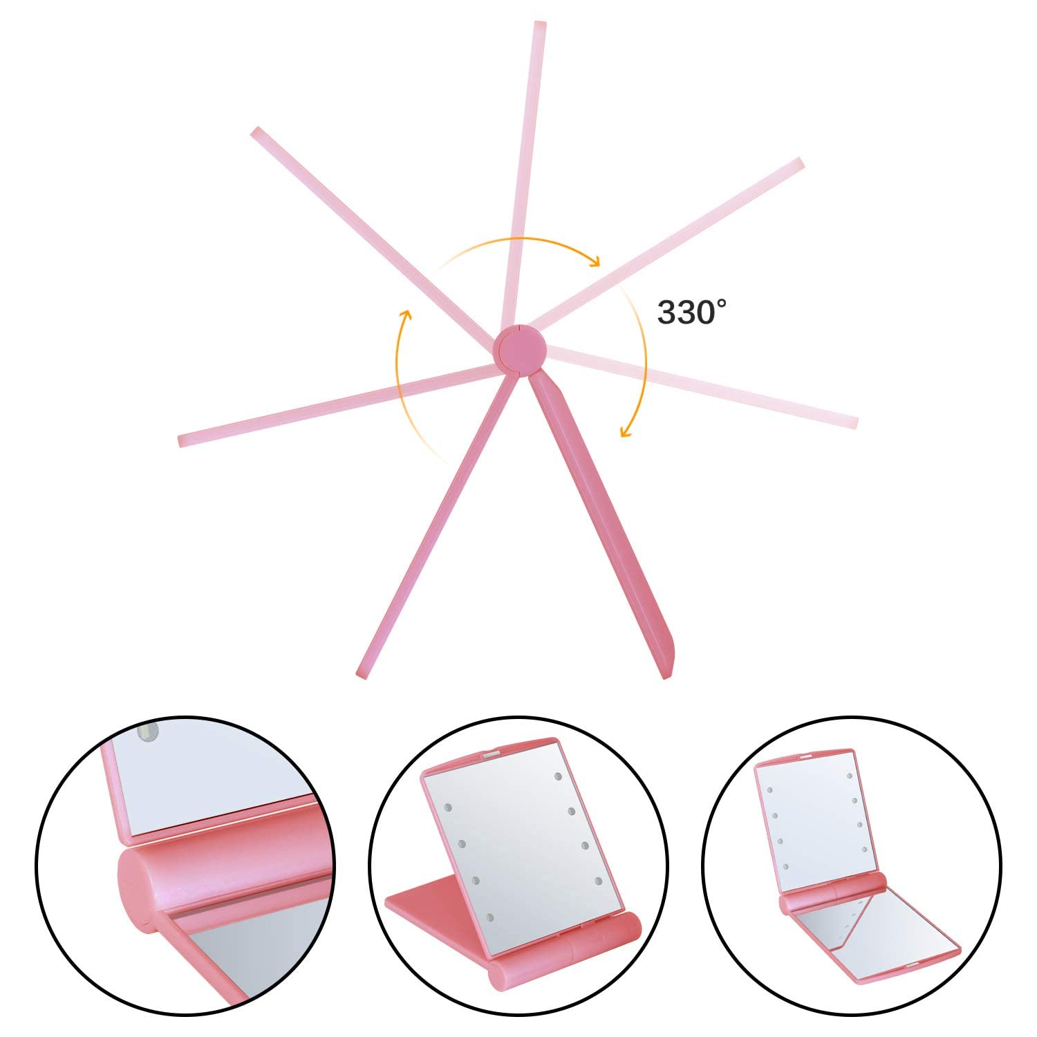 8 LED Travel Makeup Mirror - Compact Folding & Portable for Women (Pink) - Perfect for Travel & Touch-ups