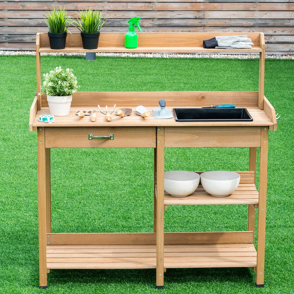 **Sturdy Wooden Potting Bench with Shelves - Indoor/Outdoor Garden Workstation for Planting, Transplanting & Organizing Tools | Perfect for Greenhouses, Patios & Backyard Gardening**