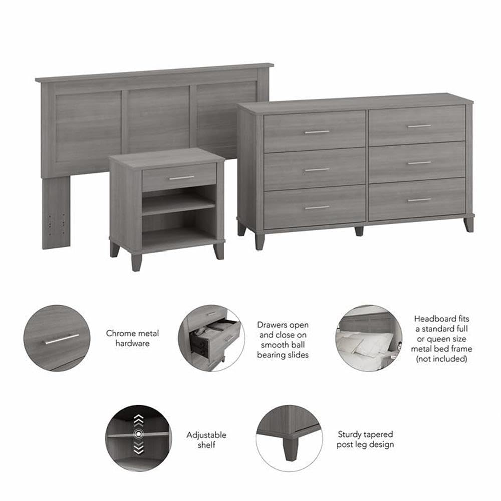 Bush Furniture Somerset Full/Queen Bedroom Set with Headboard, Dresser & Nightstand in Platinum Gray - Modern Bedroom Furniture for Home & Guest Room Decor