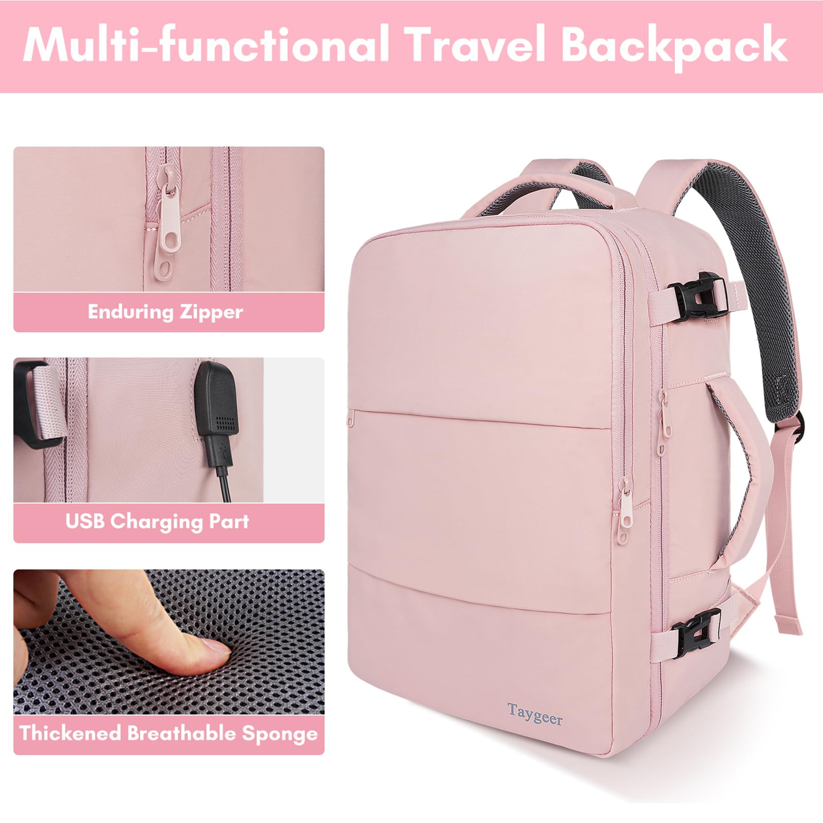 Taygeer Women's Travel Backpack with USB Charging Port & Shoe Compartment - 15.6 Inch TSA Approved Laptop Backpack for Flight, Nurse, Business & Hiking - Lightweight Carry On Weekender Daypack (Pink) | Perfect for Business Trips, College Commute & Weekend Getaways