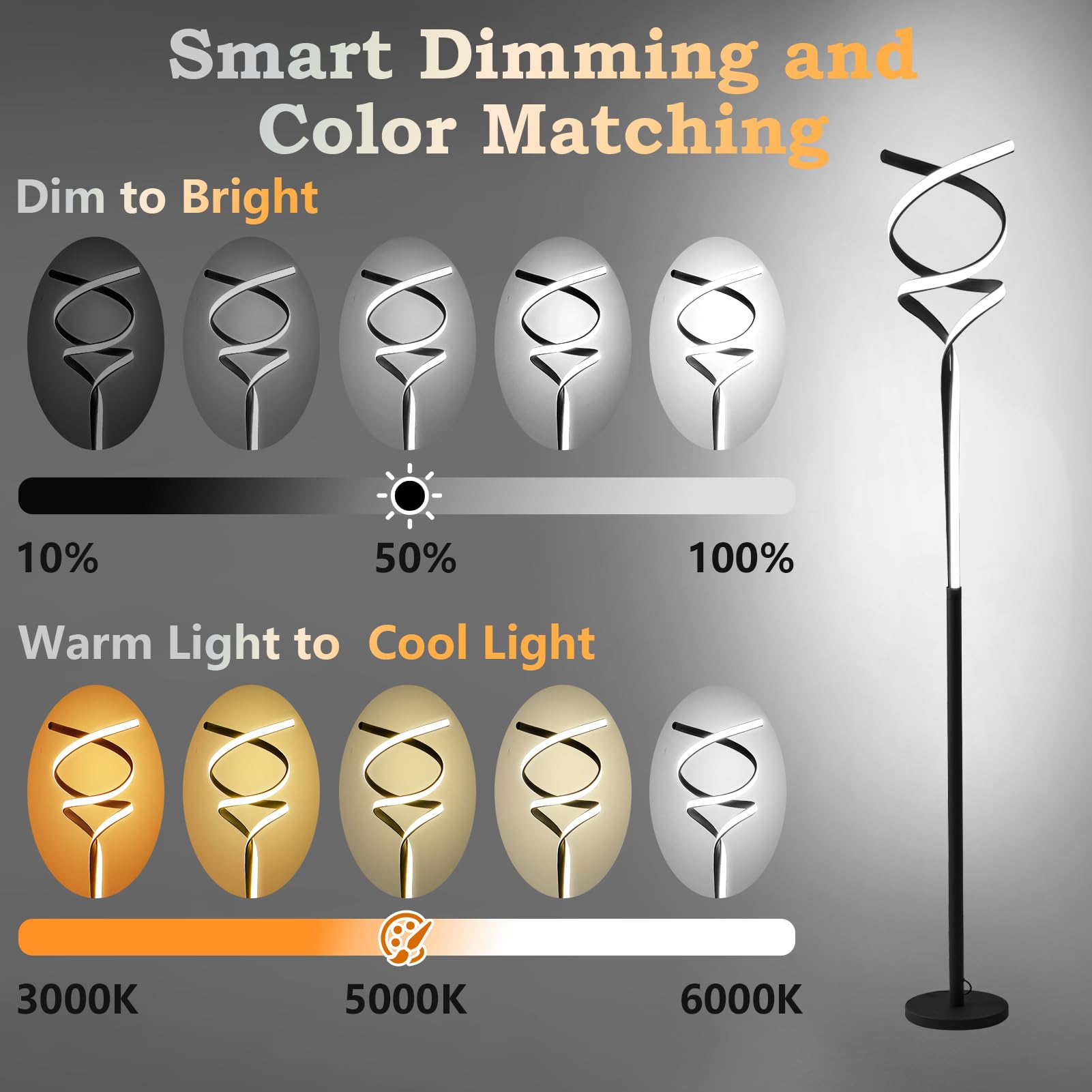 Modern LED Floor Lamp for Living Room & Bedroom - 40W 2500LM Bright Black Standing Light with Remote Control, 3-Color Dimmable, 63