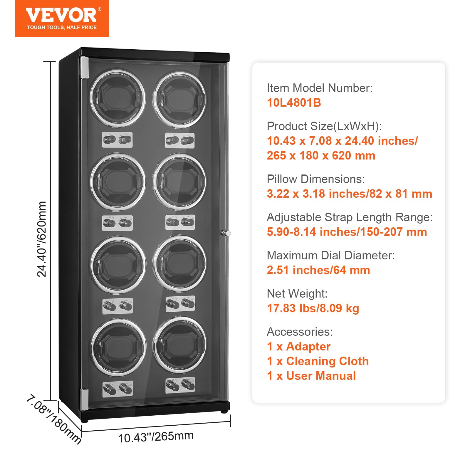 VEVOR 8 Watch Winder Box for Automatic Watches - Quiet Japanese Motor, LED Light, Adjustable Speed & Direction - Perfect for Rolex, Omega Luxury Watch Storage & Display (Black) | Home Office & Travel Use