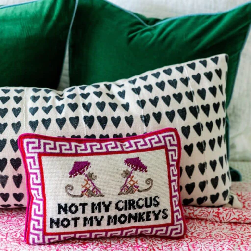 FURBISH Needlepoint Decorative Throw Pillow - 'Not My Circus Not My Monkeys' Embroidered Accent Pillow 10x14 inches for Bed, Couch, Sofa | Boho Home Decor & Aesthetic Room Decor | Perfect for Living Room, Bedroom, Nursery