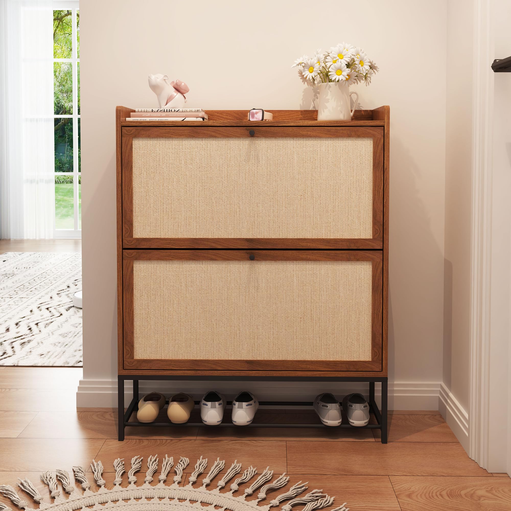 AVZEAR Narrow Shoe Storage Cabinet with 2 Flip Drawers - Wooden Freestanding Shoe Organizer for Entryway, Hallway, Living Room - Space Saving Closed Shoe Rack for Small Spaces (Walnut) | Perfect for Apartments, Dorm Rooms & Closet Organization