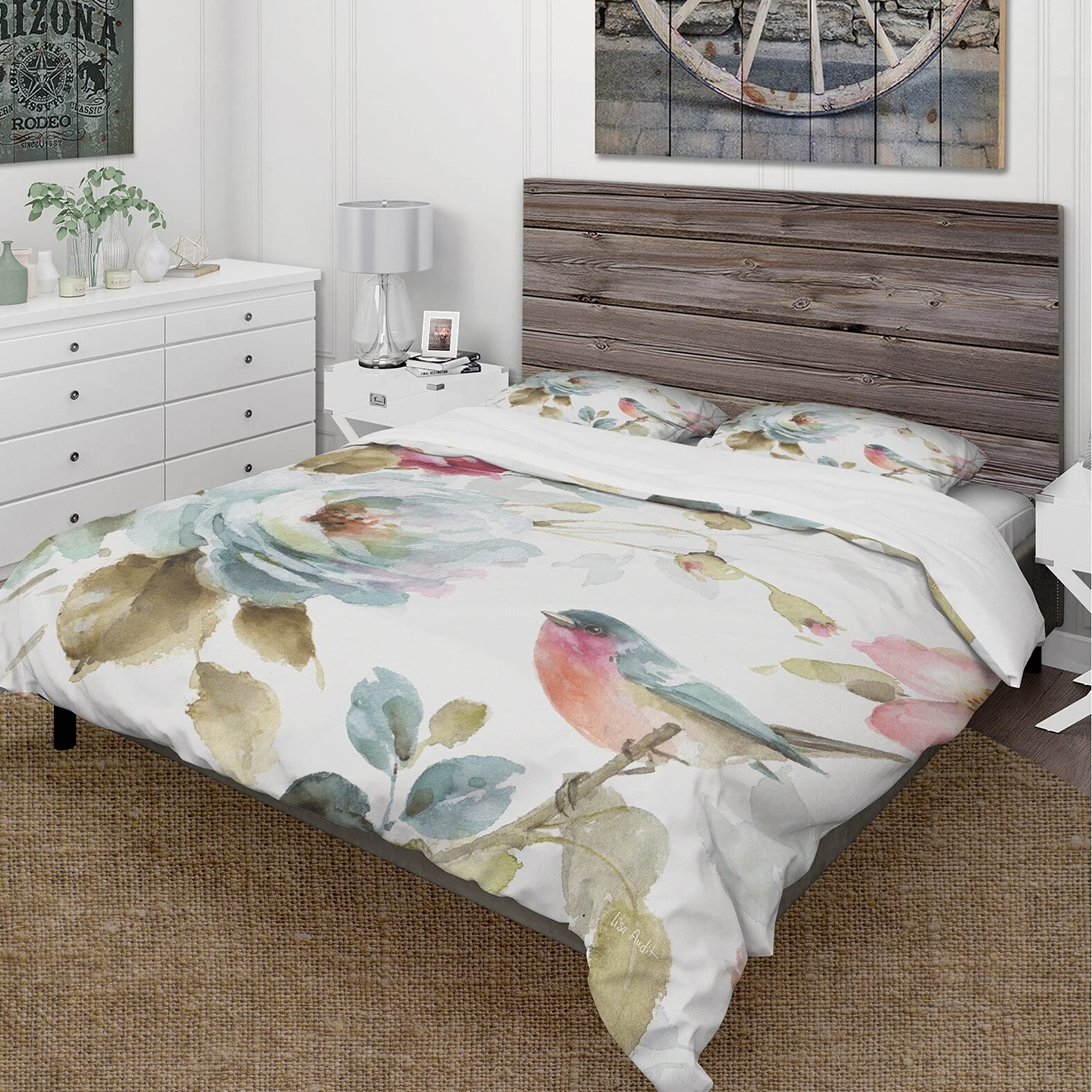 DESIGN ART 'Beautiful Bird Romance I' Cottage Bedroom Duvet Cover Set - Full/Queen Size 3-Piece Set with 1 Duvet Cover & 2 Shams (Comforter Not Included) | Floral Bird Print Bedding for Farmhouse, Guest Room & Cozy Home Decor