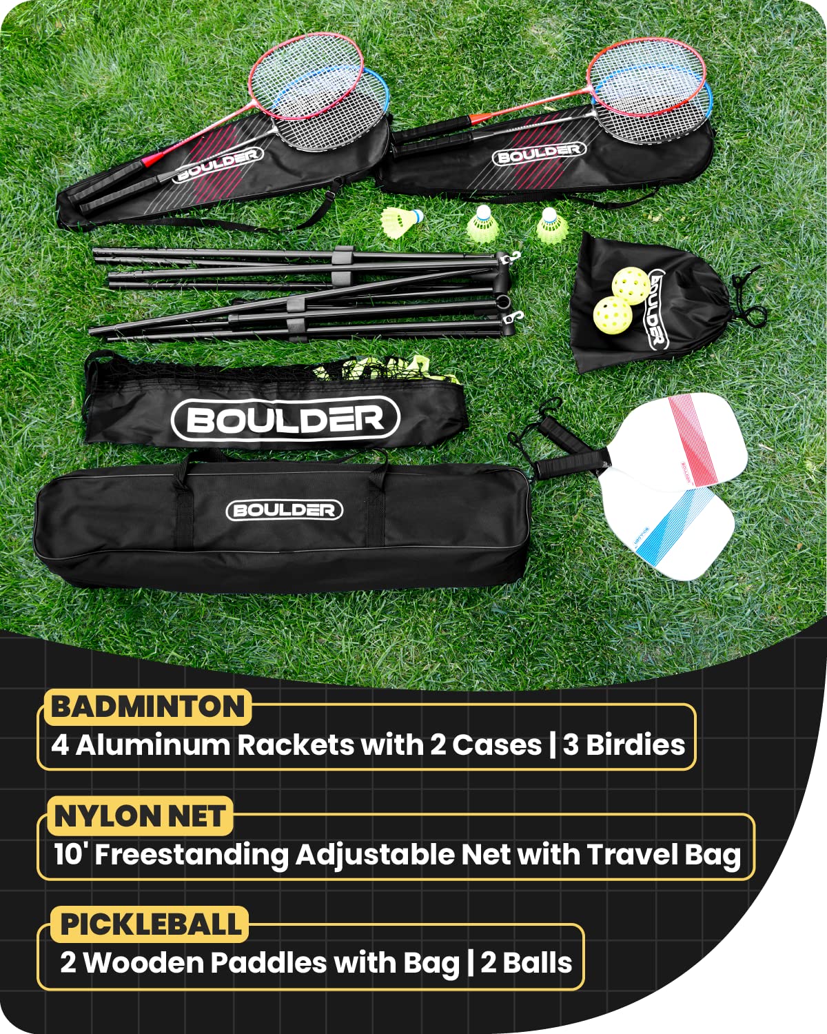 Premium Portable Pickleball & Badminton Set with Adjustable Net - 4 Paddles, 2 Rackets & 6 Balls - Outdoor & Indoor Sports Equipment for Backyard, Beach, Park & Gym Games