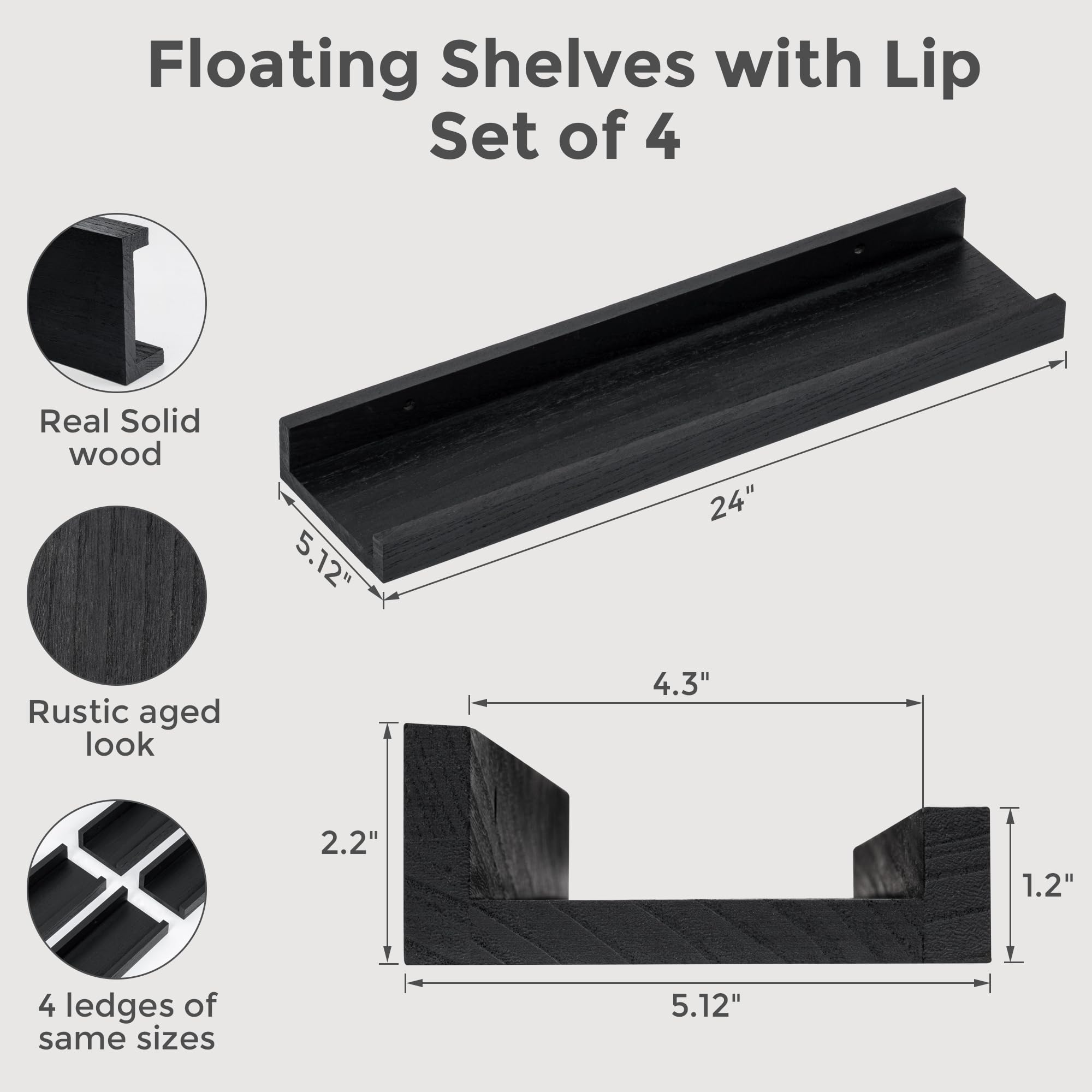 Rustic Black Floating Shelves with Lip - Set of 4 Solid Wood Wall Shelves (24 Inch) for Nursery, Kids Room, Living Room & Bedroom | Perfect for Books, Photos, Decor & Display | Wall Mounted Picture Ledge Shelf for Home Organization