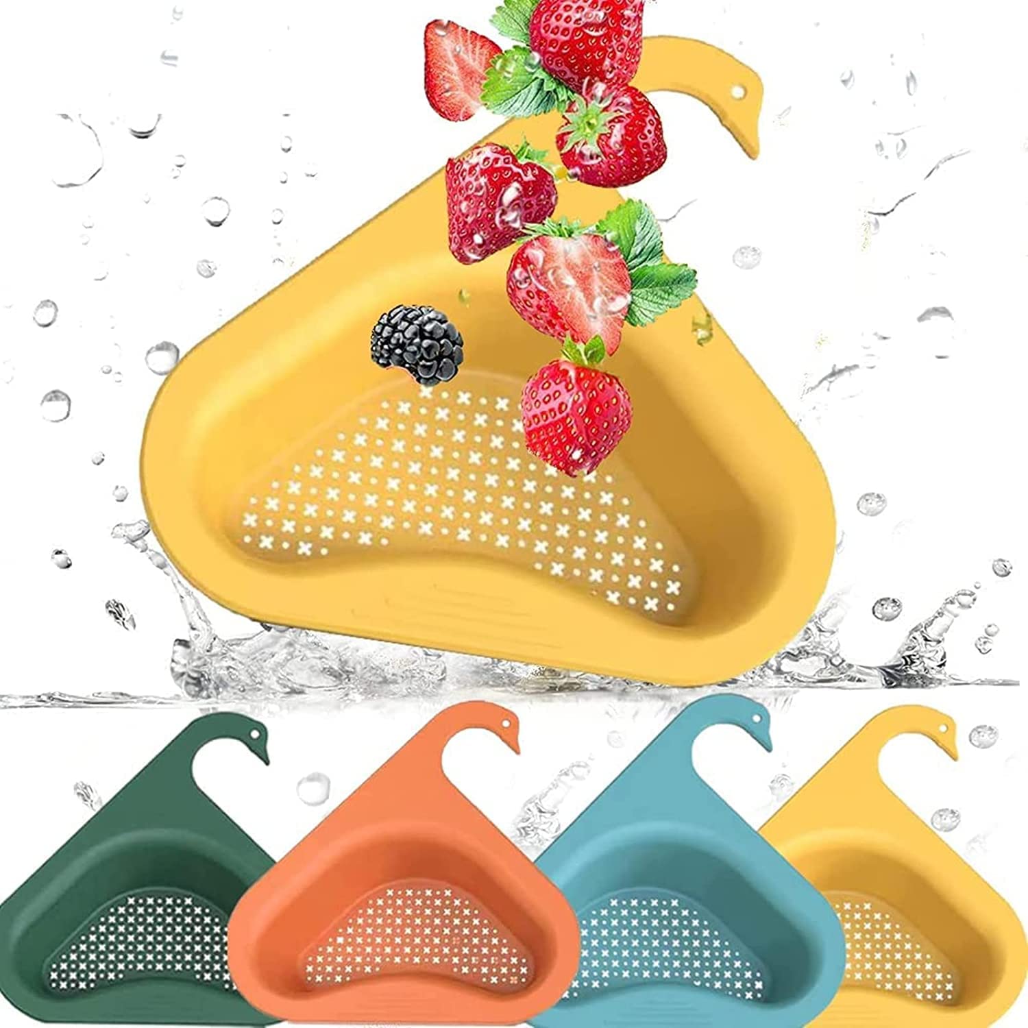 IFOTIME 4-Piece Upgraded Swan Drain Basket Set - Stainless Steel Sink Strainer for Kitchen, Bathroom & Utility Sink - Multi-Functional Corner Strainer with Hanging Rack for Leftover Soup, Food Scraps & Hair (4 Colors) - Perfect for Home, Restaurant & RV Use