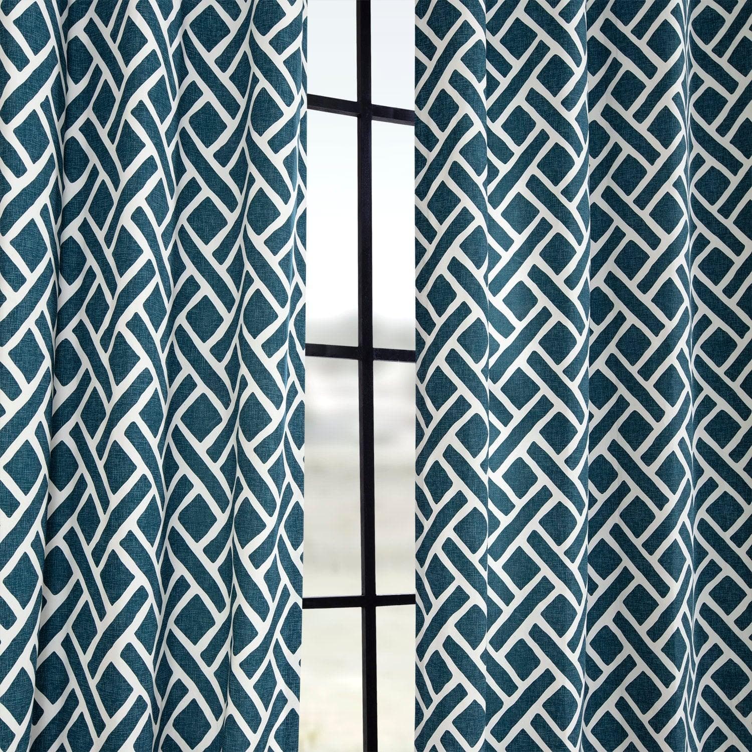 Martinique Blue Geometric Printed Cotton Custom Curtains - Premium Window Treatments for Living Room, Bedroom & Office Decor
