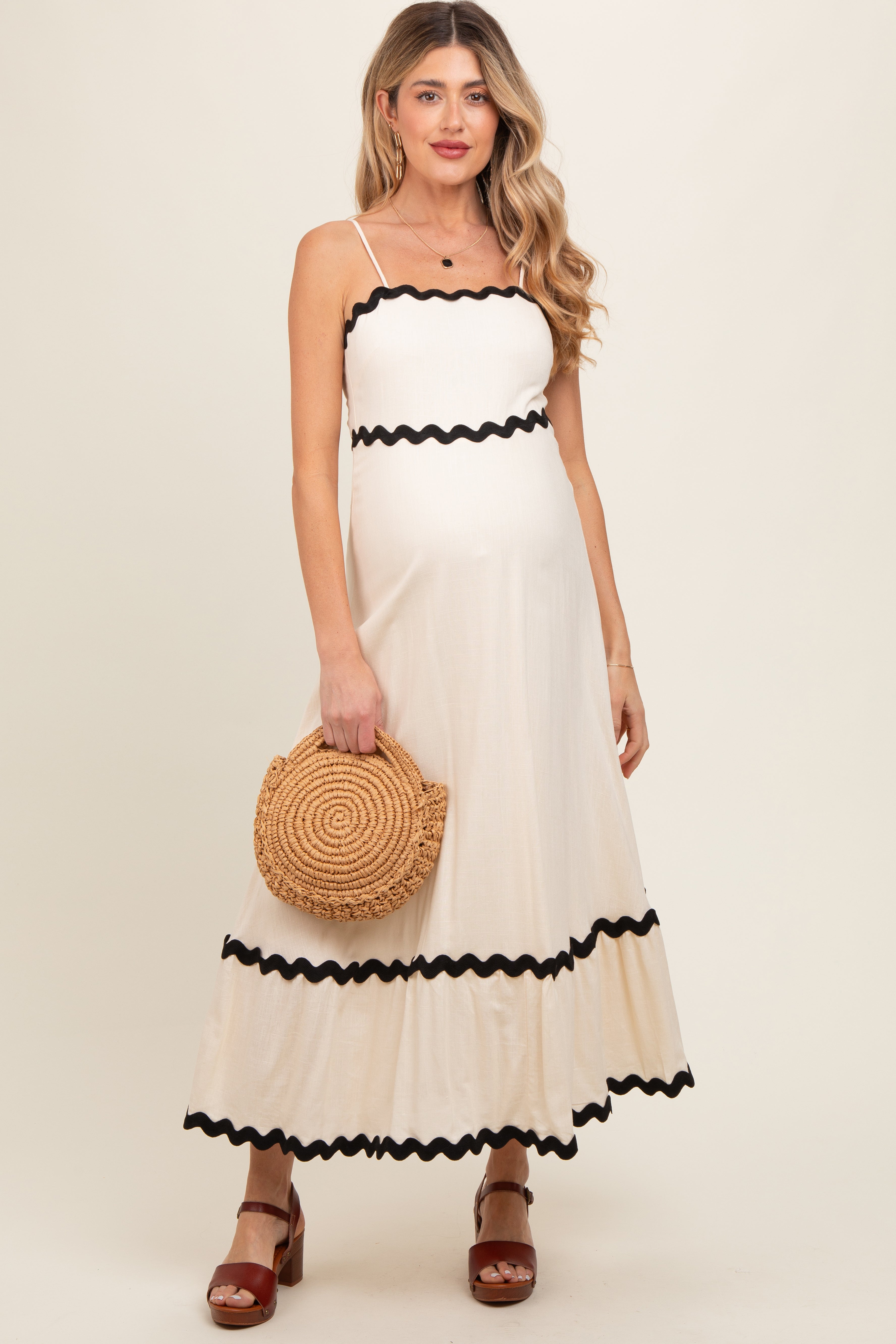 Beige Colorblock Trim Maternity Midi Dress for Pregnancy - Comfortable Stretchy Nursing Dress for Women, Perfect for Baby Shower, Maternity Photo Shoot & Everyday Wear