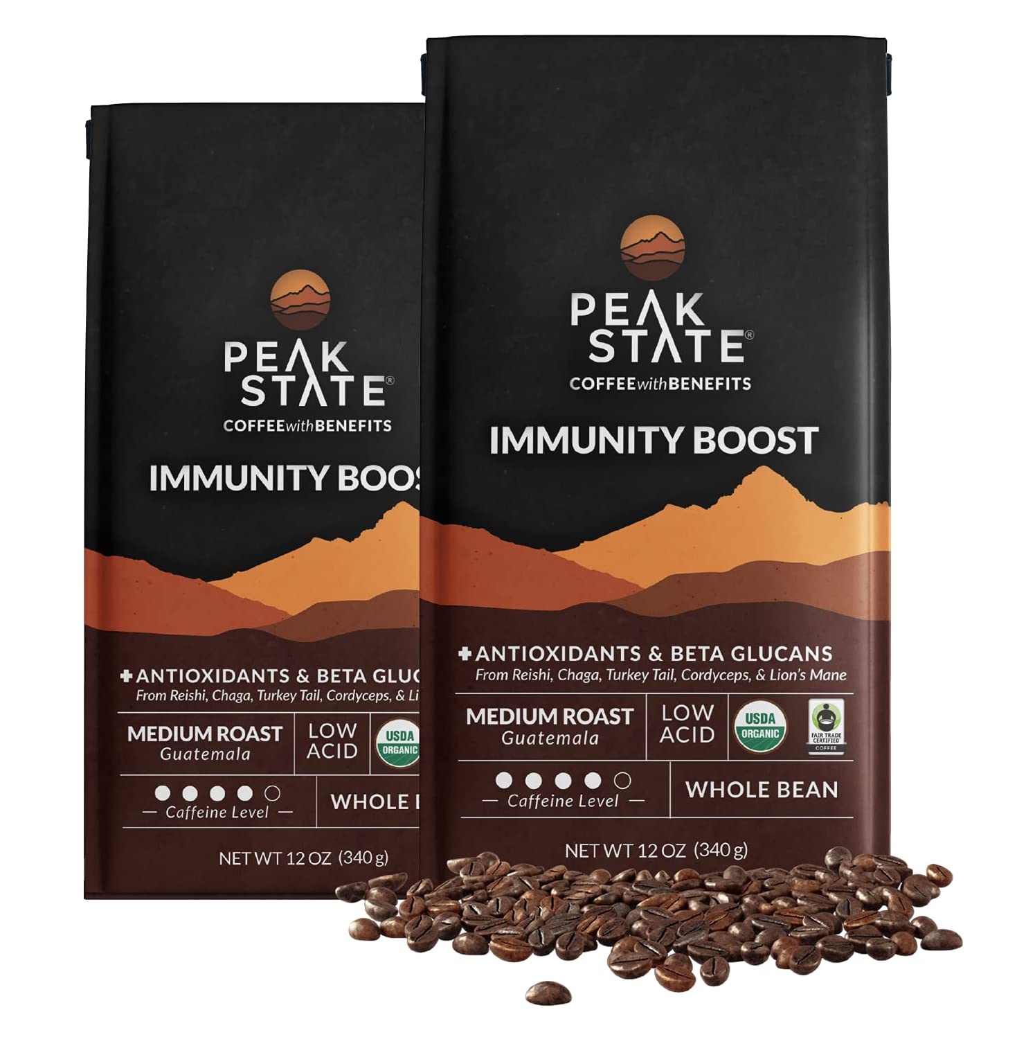 Peak State Organic Mushroom Coffee - Immune Boosting Medium Roast Whole Bean Coffee - Low Acid, Vegan, Paleo, Dairy & Gluten-Free (2 x 12 oz Bags) - Perfect for Morning Energy & Wellness Routine