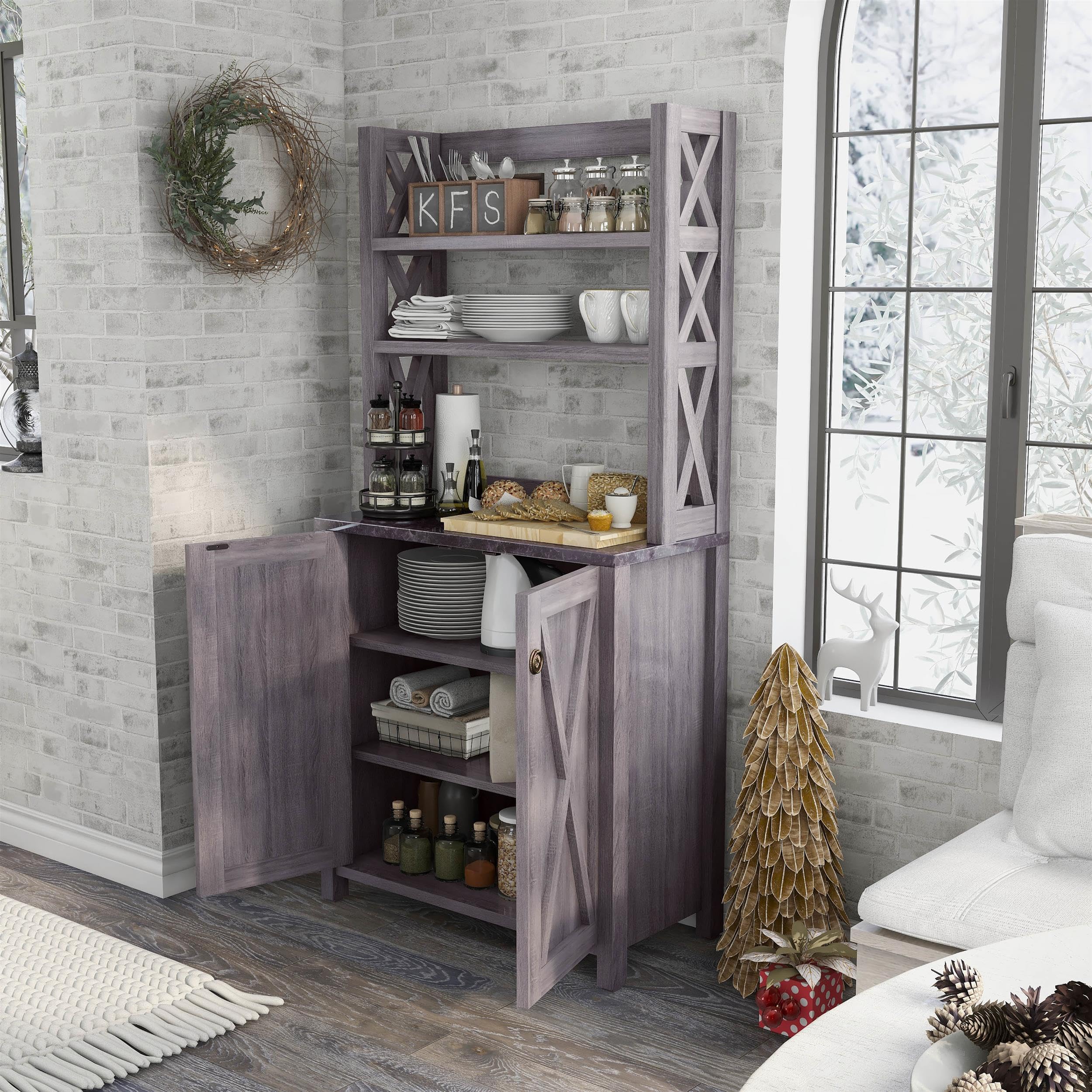 Furniture of America Schuetz Gray Wood Multi-Storage Baker Rack - Kitchen Organizer, Pantry Shelf & Home Decor Storage Solution for Small Spaces