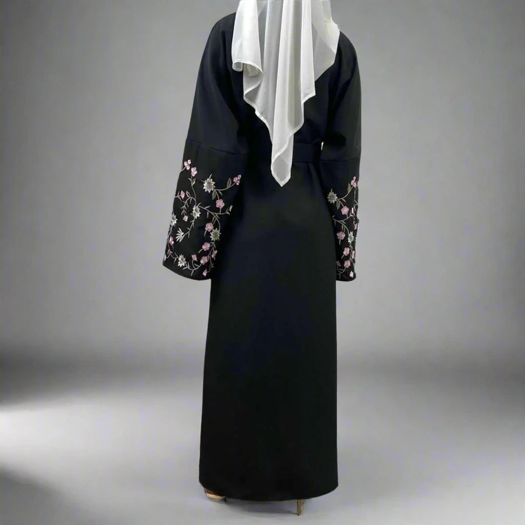 Floral Embroidery Sleeve Open Abaya Dress - Elegant Muslim Women's Kaftan for Prayer, Wedding & Special Occasions
