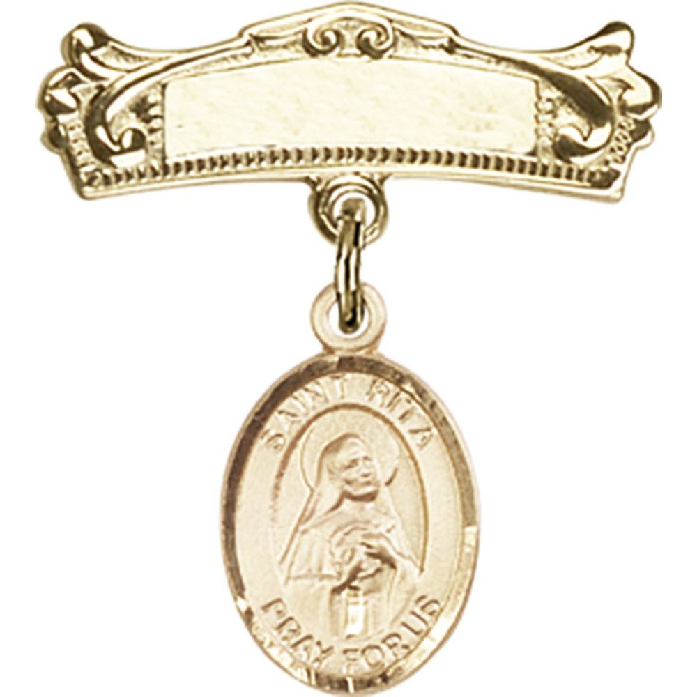 7/8 X 3/4 Inch Gold Filled Baby Badge with St. Rita of Cascia Charm - Arched Polished Pin for Christening, Baptism & First Communion Gifts