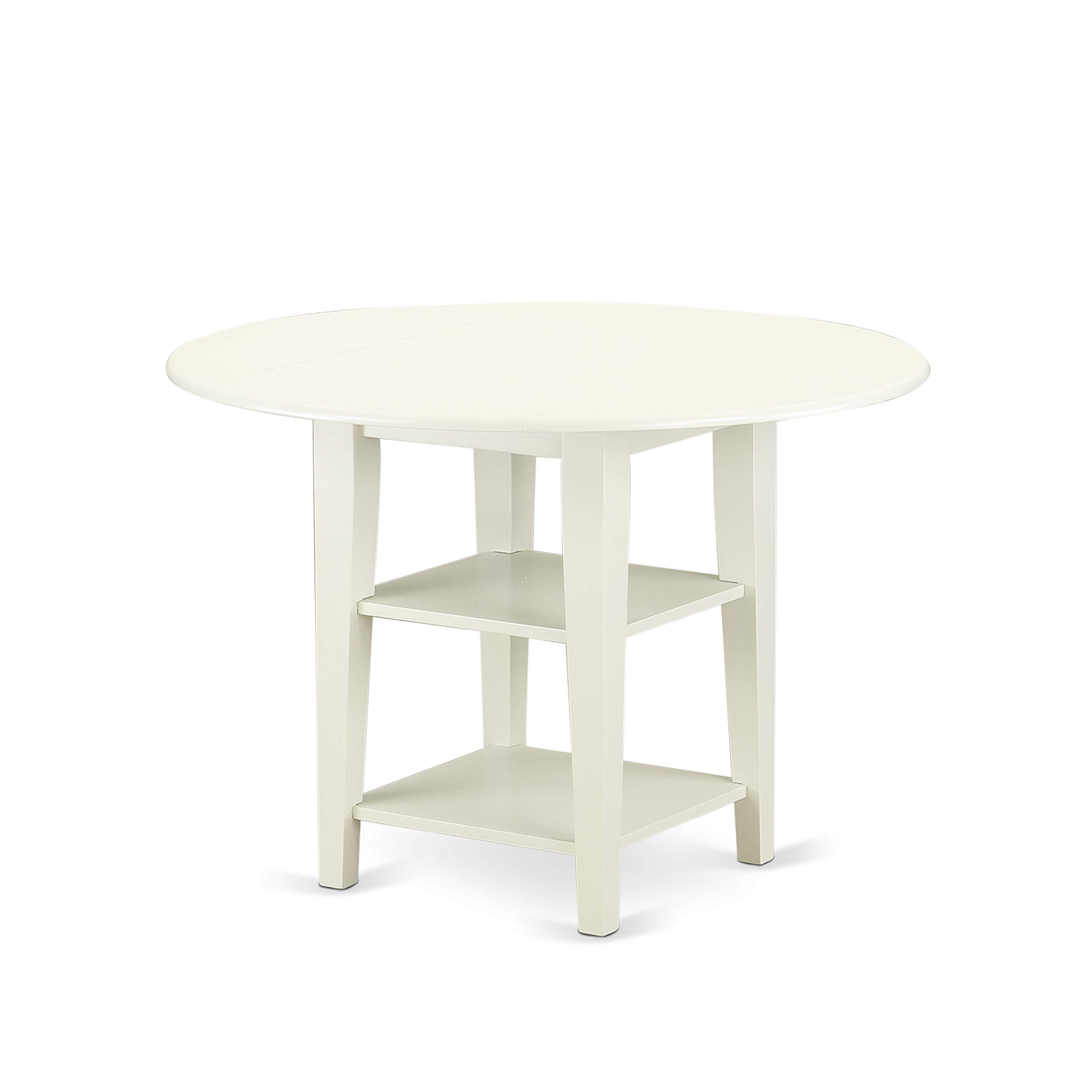 East West Furniture SUVA5-LWH-W 5-Piece Round Dining Table Set for 4 with Drop Leaf & Storage Shelves - 42x42 Inch Linen White Kitchen Table & Chairs - Perfect for Small Spaces, Breakfast Nooks & Cozy Family Meals