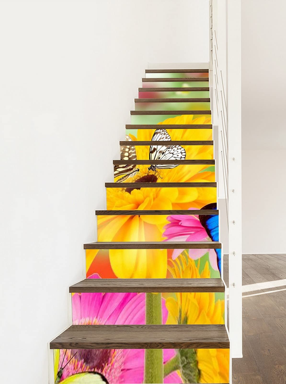 A.Monamour 3D Self-Adhesive Removable Stair Stickers - Colorful Daisy Flowers & Butterfly Spring Garden Design - Vinyl Stair Riser Decals for Kitchen, Tile, Wall & Mural Decor - 13-Piece Set - Perfect for Home, Office & Nursery Decoration