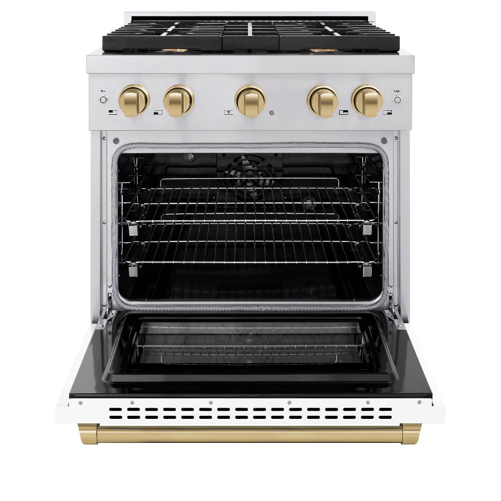ZLINE Autograph Edition 30-inch 4.2 cu. ft. Dual Fuel Range - Stainless Steel Gas Cooktop with 4 Burners & Electric Convection Oven - White Matte Door & Champagne Bronze Accents (SDRZ WM 30 CB) - Perfect for Modern Kitchens & Professional Home Chefs