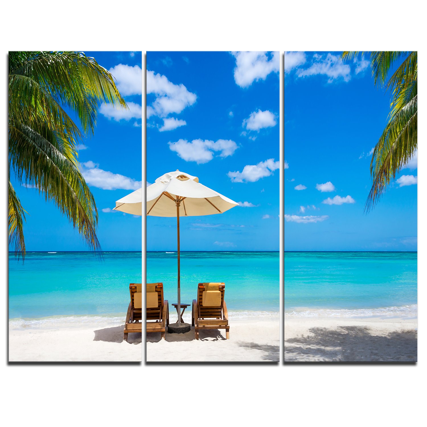 Designart Turquoise Beach with Chairs - Coastal Seascape Photo Canvas Wall Art Print - 36x28 Inches - 3-Panel Multi-Piece Canvas Painting for Living Room, Bedroom & Office Decor - Blue Ocean Beach Scene