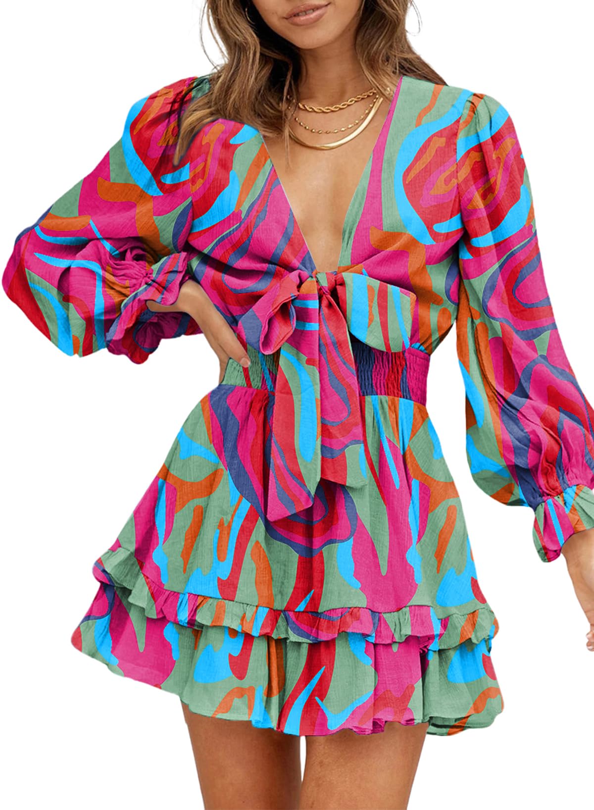 Dokotoo Women's Elegant Deep V Neck Knotted Tiered Chiffon Mini Skater Dress for Spring Summer 2025 | Casual Swing Dress for Party, Date Night & Vacation