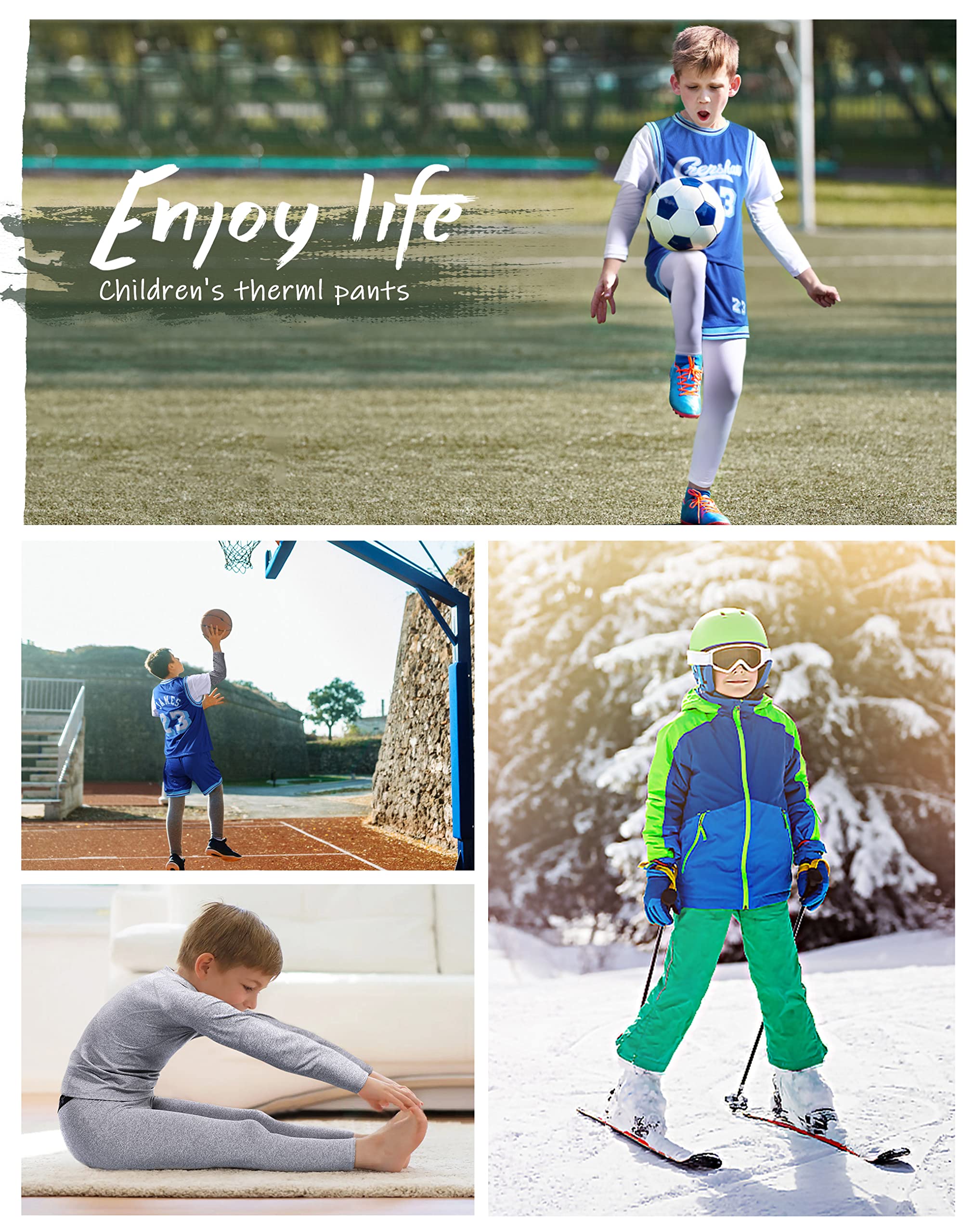 Roadbox Kids Fleece Lined Leggings - 2 Pack Boys Thermal Tights for Cold Weather | Youth Sports Basketball Compression Pants | Winter Running, Outdoor Activities & Layering