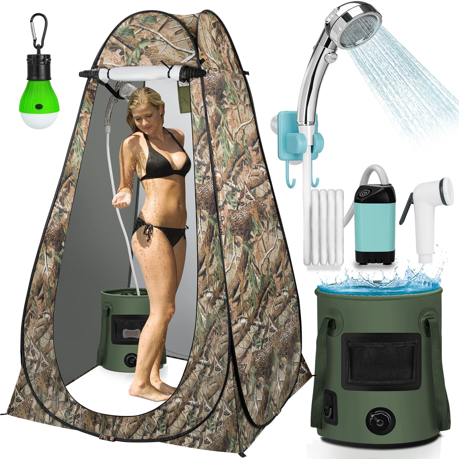 Portable Camping Shower Tent with Rechargeable Pump & 6.6 Gallon Foldable Bucket - Pop Up Privacy Shower Kit with LED Lights for Outdoor Hiking, Backpacking & RV Trips | Perfect for Beach, Camping & Emergency Use