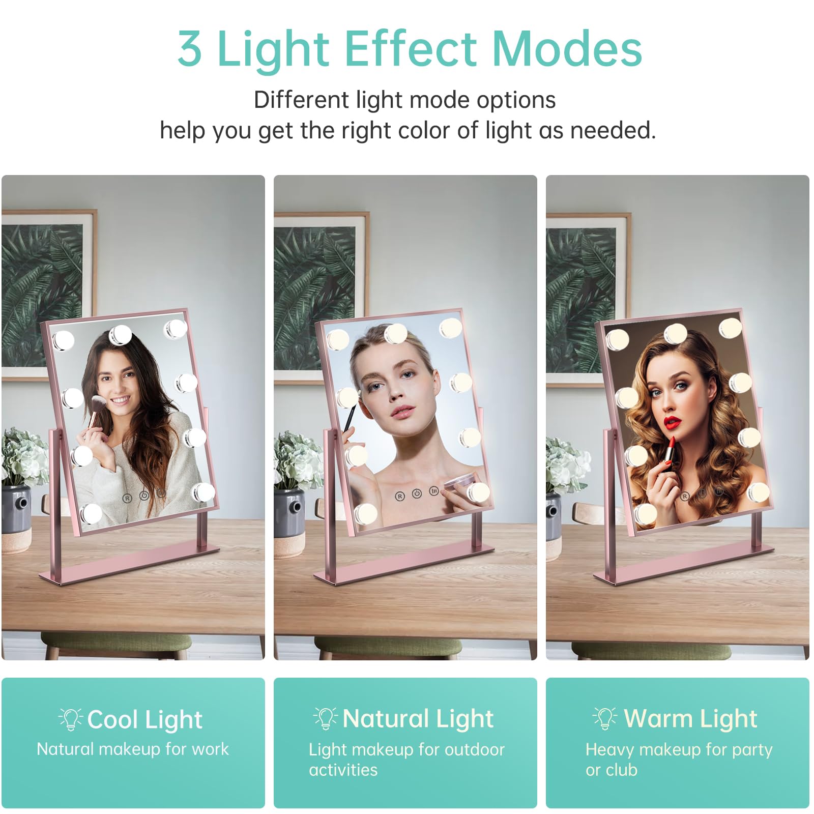 Professional Hollywood Vanity Makeup Mirror with LED Lights - 9 Dimmable Bulbs, 3 Color Modes & Touch Control - 360° Rotating Tabletop Mirror for Perfect Makeup Application (Bedroom, Dressing Room, Salon Use)