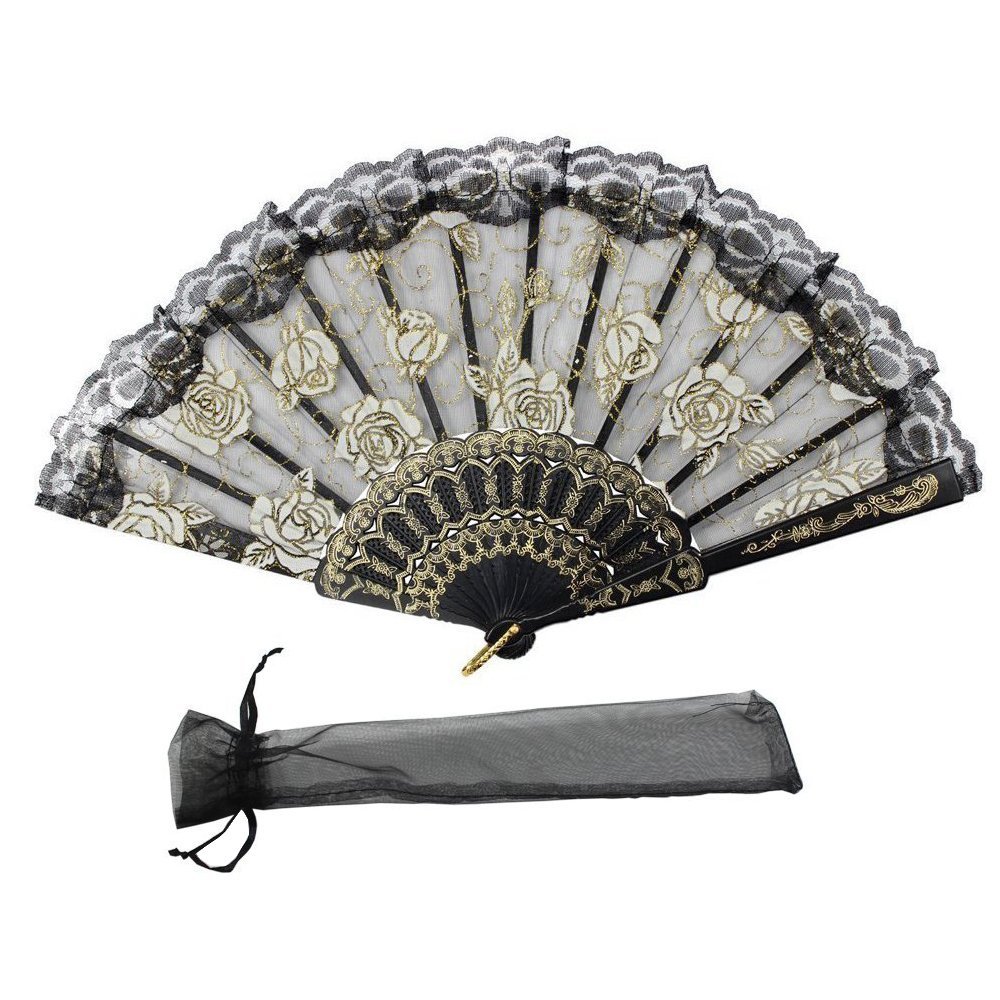 Elegant Black Lace Flowers Design Plastic Folding Handheld Fan - Portable Cooling Fan for Outdoor, Wedding, Party & Summer Use