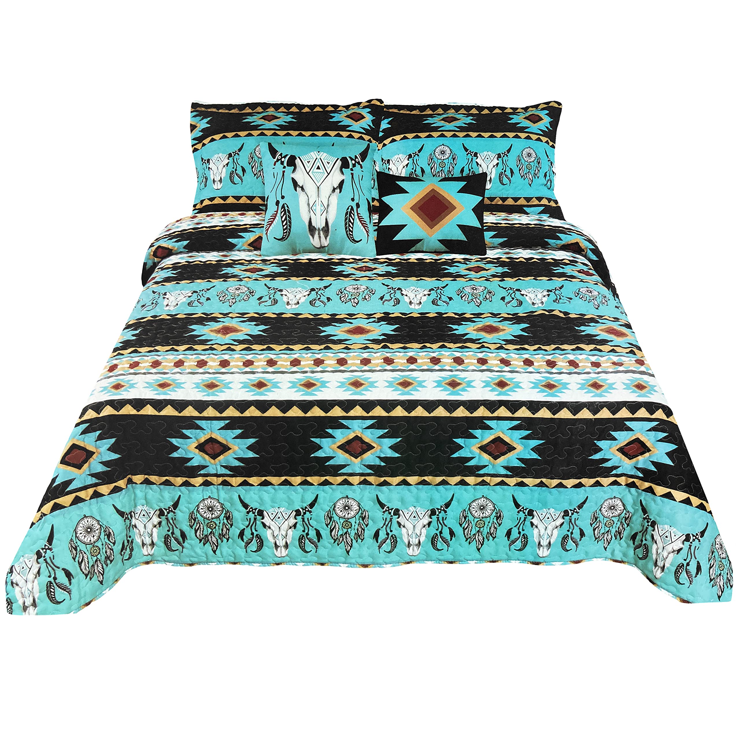 Western Peak 5-Piece Southwestern Boho Bedding Set with Bull Skull & Feather Design - King Size Quilt, Shams & Decorative Pillows in Black Teal | Native Tribal Artisan Style for Southwest Themed Bedrooms