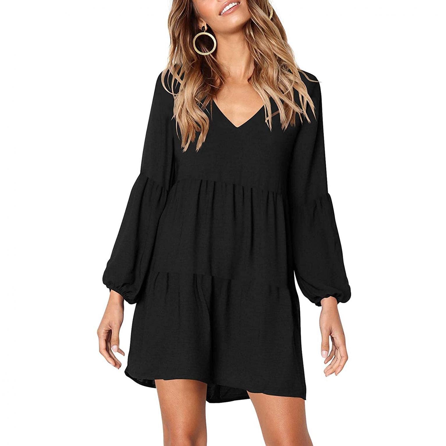 Women's Casual Long Sleeve V-Neck Tunic Dress - Empire Waist Loose Flowy Swing Shift Dress for Everyday Wear, Office & Weekend Outings