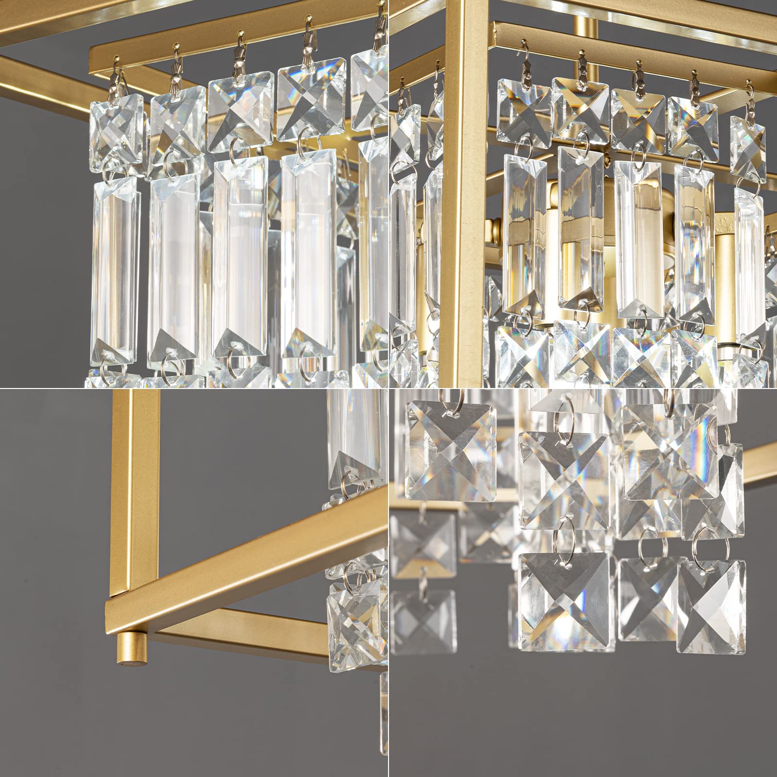 LMQNINE 4-Light Square Industrial Farmhouse Chandelier - 11.81 Inch Gold Metal Crystal Pendant Light Fixture for Dining Room, Kitchen Island, Living Room - Perfect for Flat & Inclined Ceilings | Modern Farmhouse Decor & Rustic Home Lighting
