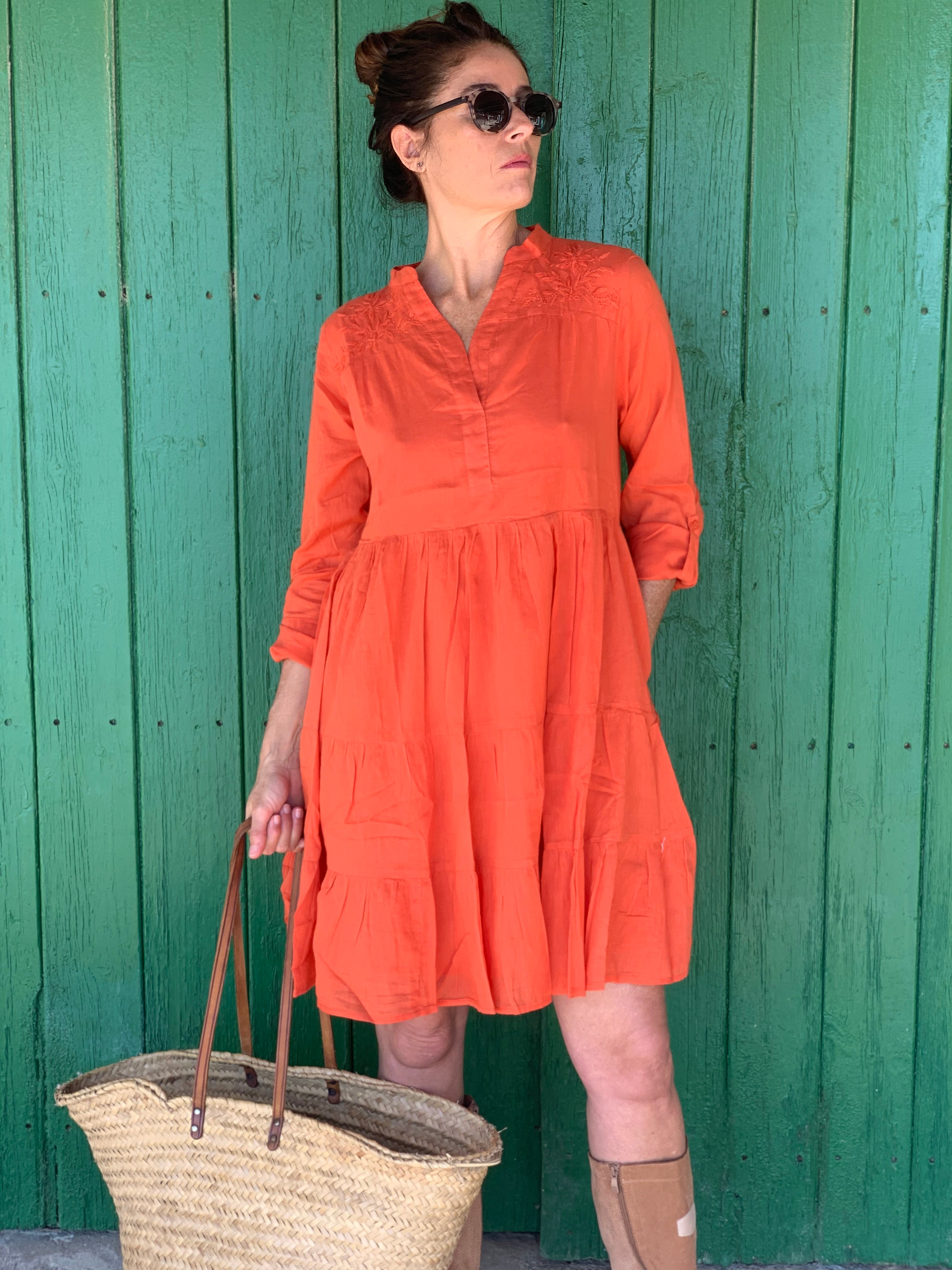 Premium Orange Tulsi Dress - Softest Muslin Cotton Short Dress for Women | Perfect for Summer Outfits, Beach Wear & Casual Occasions