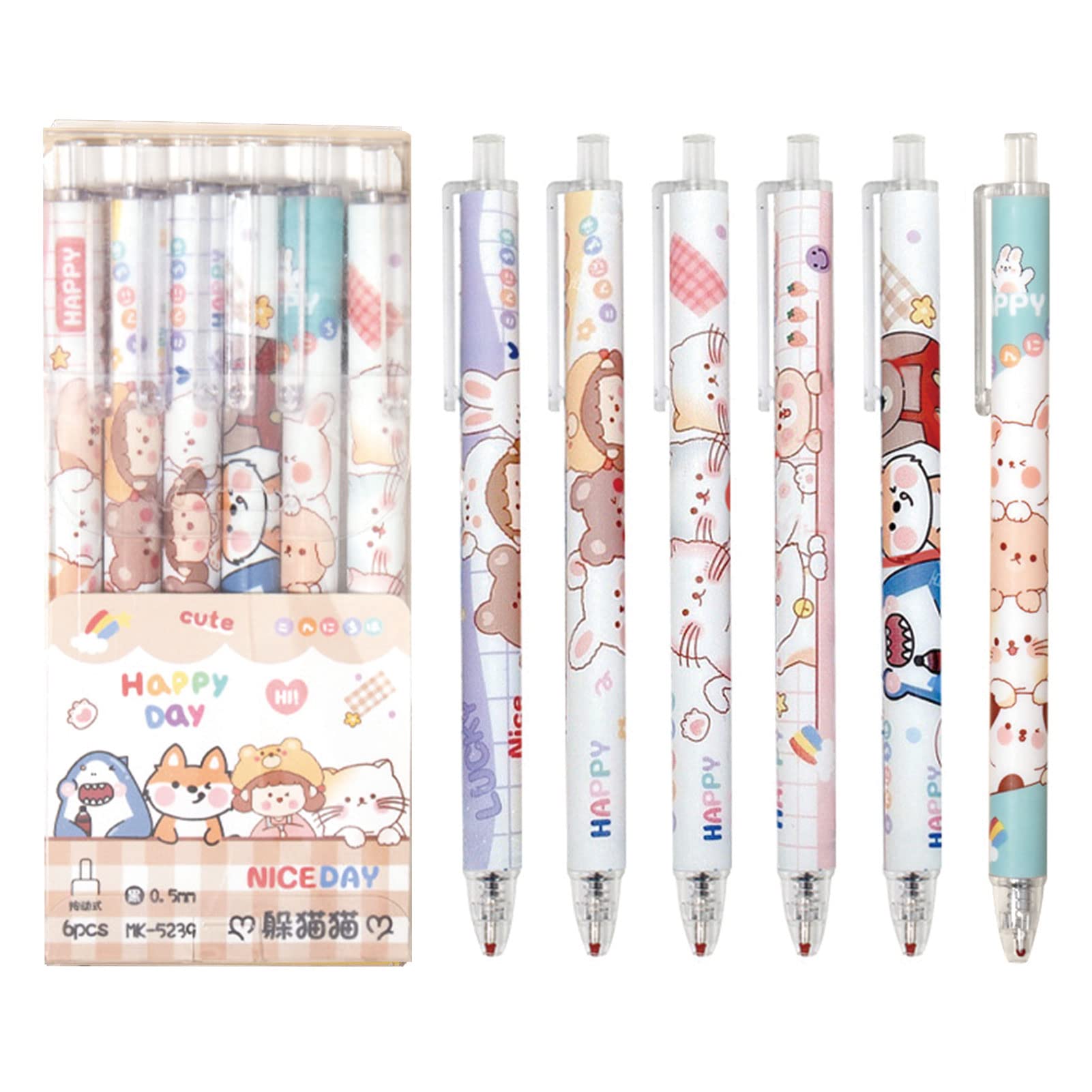 Cute Animal Gel Pens 0.5mm Retractable for School & Office - 6 Pack