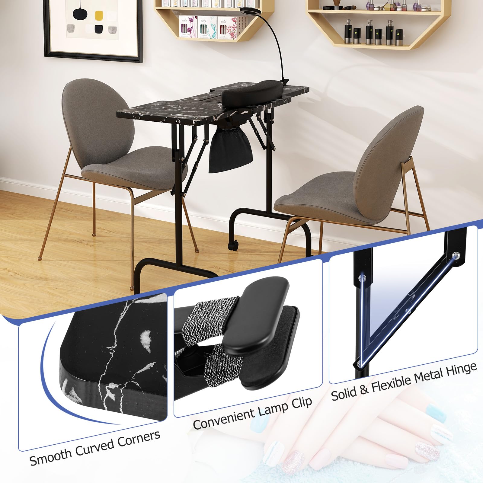 Giantex Foldable Nail Tech Desk with Built-in Dust Collector Fan, Adjustable LED Light & Wrist Pad - Portable Manicure Table with 4 Lockable Wheels & Carrying Case (Marble Black) | Perfect for Salon Professionals & Home Nail Artists